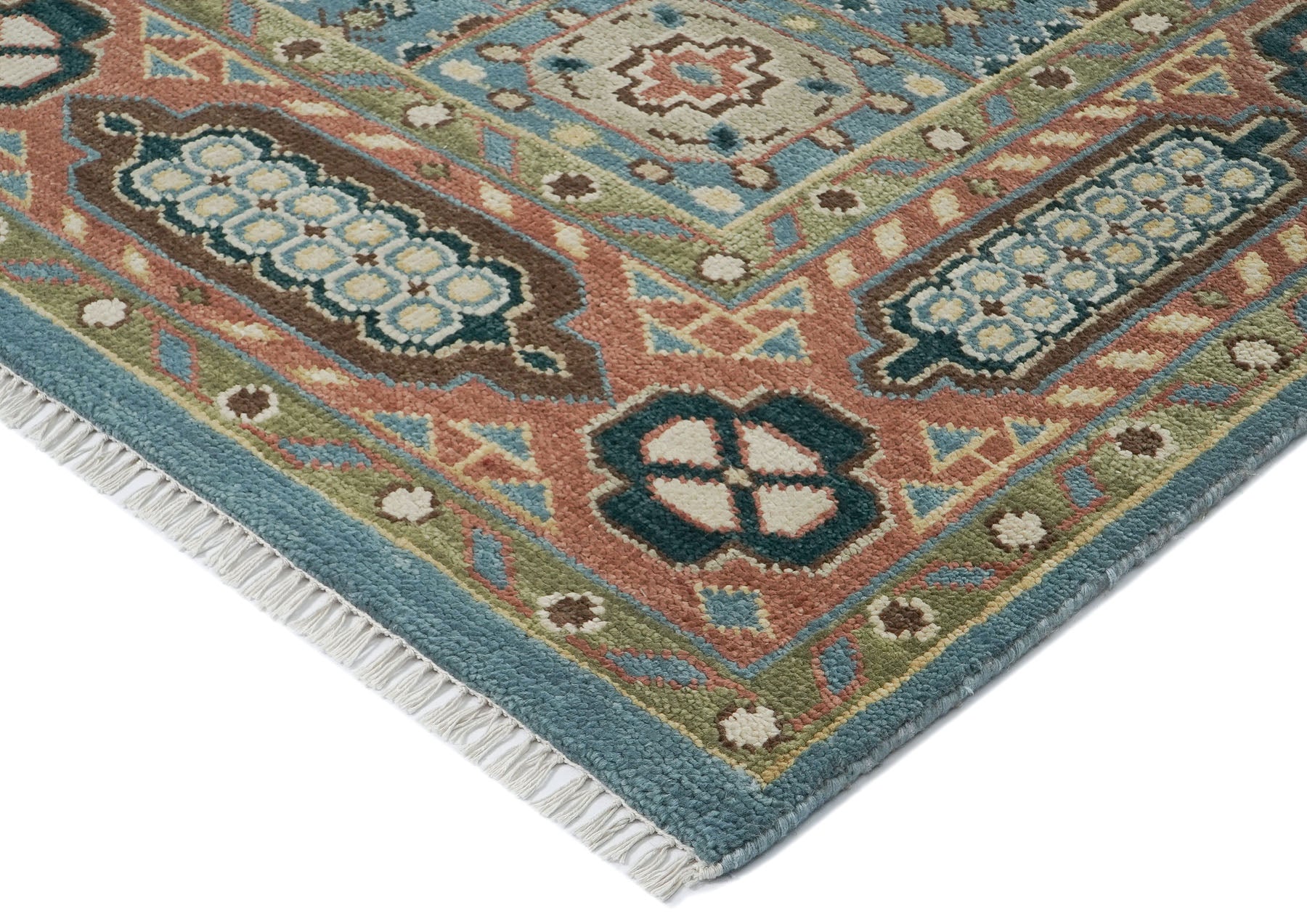 10x14 Blue, Rust, Green Color Hand Knotted Oushak Wool Traditional Oriental Rug