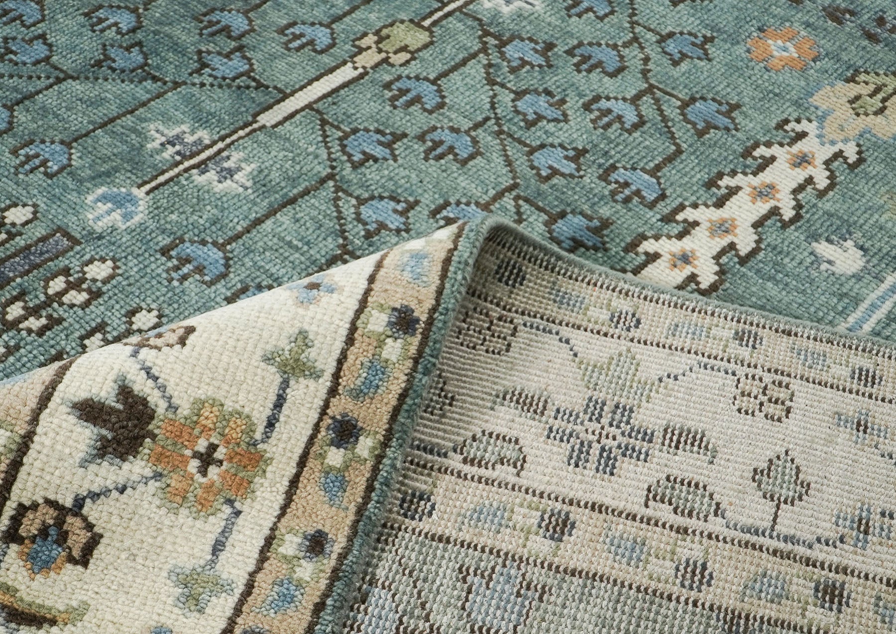 10x14 Celadon, Ivory, Brown Color Hand Knotted Oushak Wool Transitional Oriental Rug