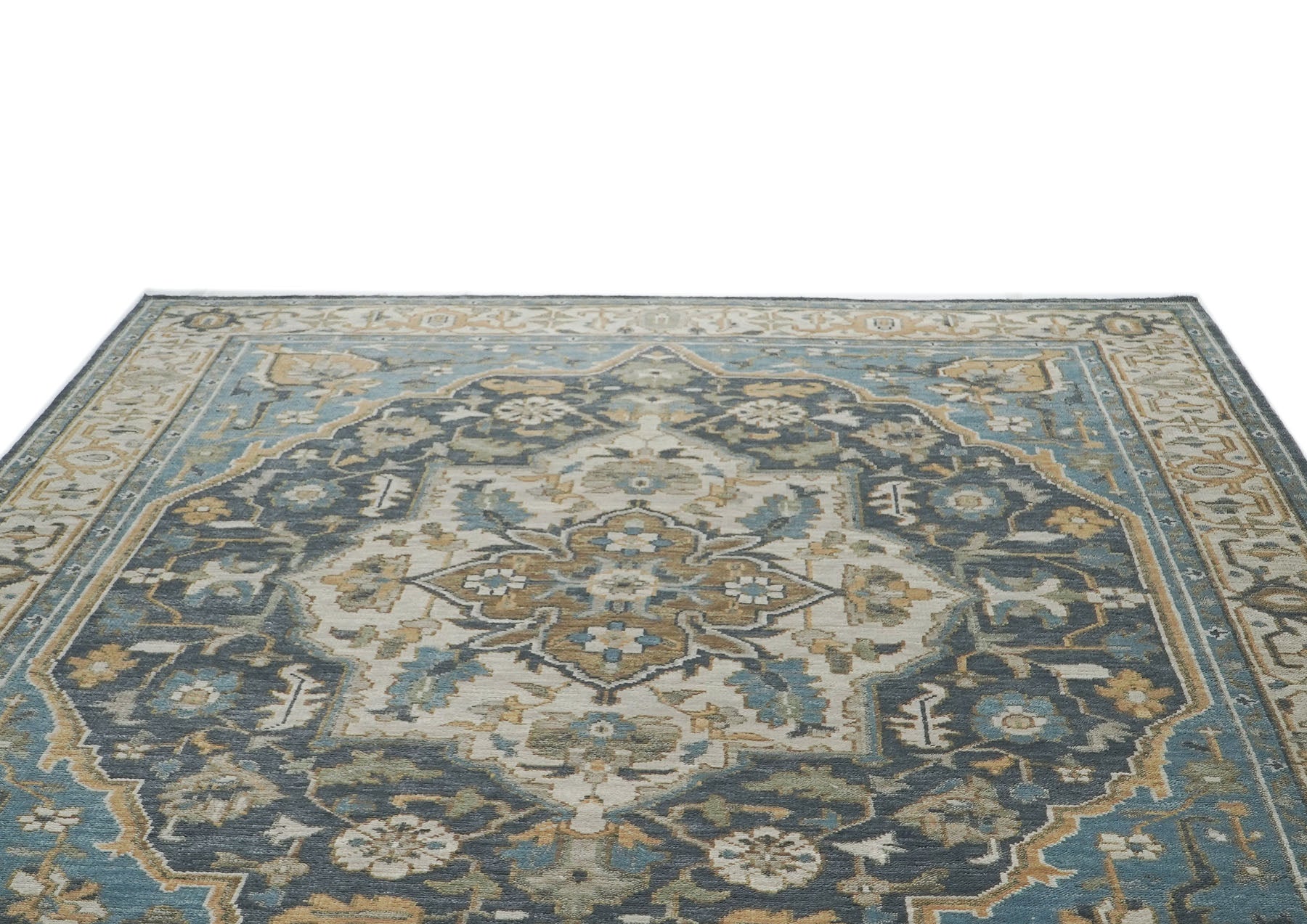 10x14 Blue, Beige, Gold Color Hand Knotted Oushak Wool  Oriental Rug