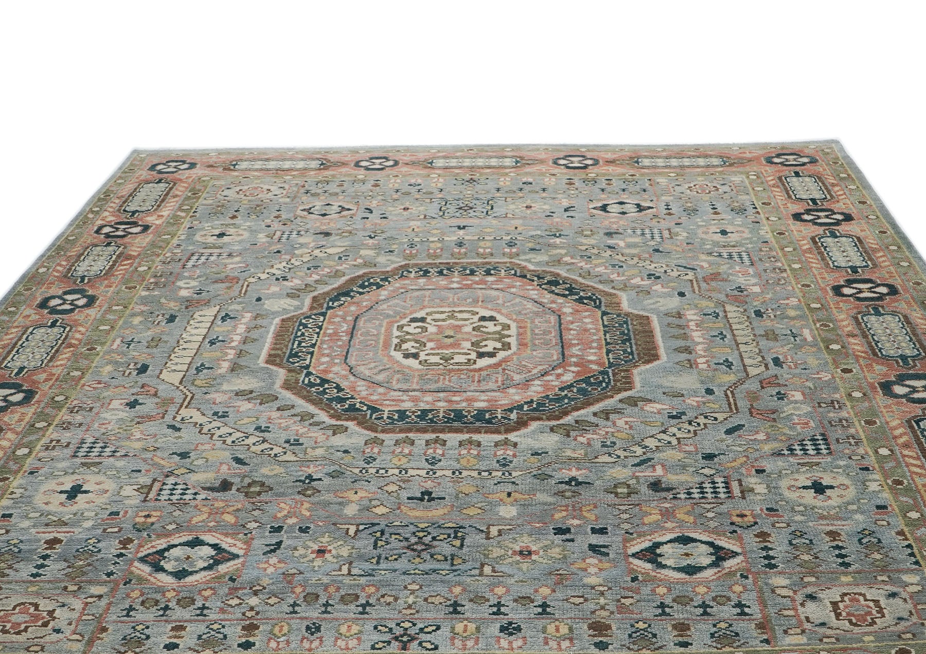 10x14 Slate, Rose, Green Color Hand Knotted Oushak Wool Traditional Oriental Rug