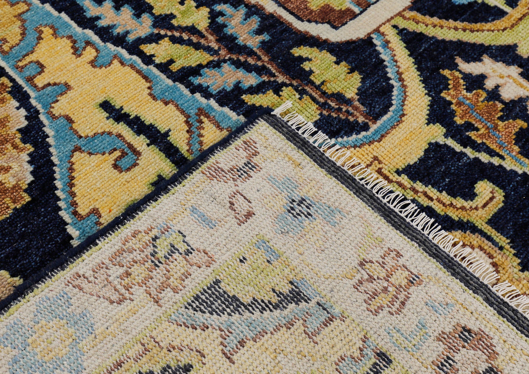 Multi Size Navy Mint Ivory Color Hand Knotted Oushak Wool  Oriental Rug