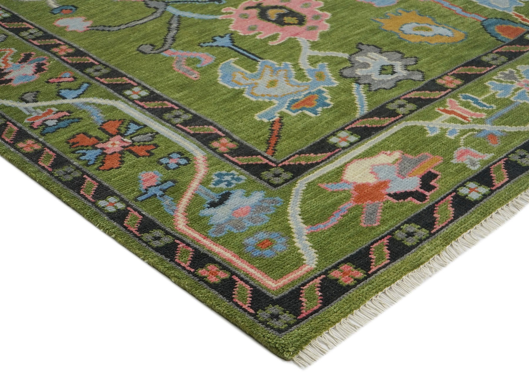 Multi Size Green Pink Navy Color Hand Knotted Oushak Wool Traditional Oriental Rug