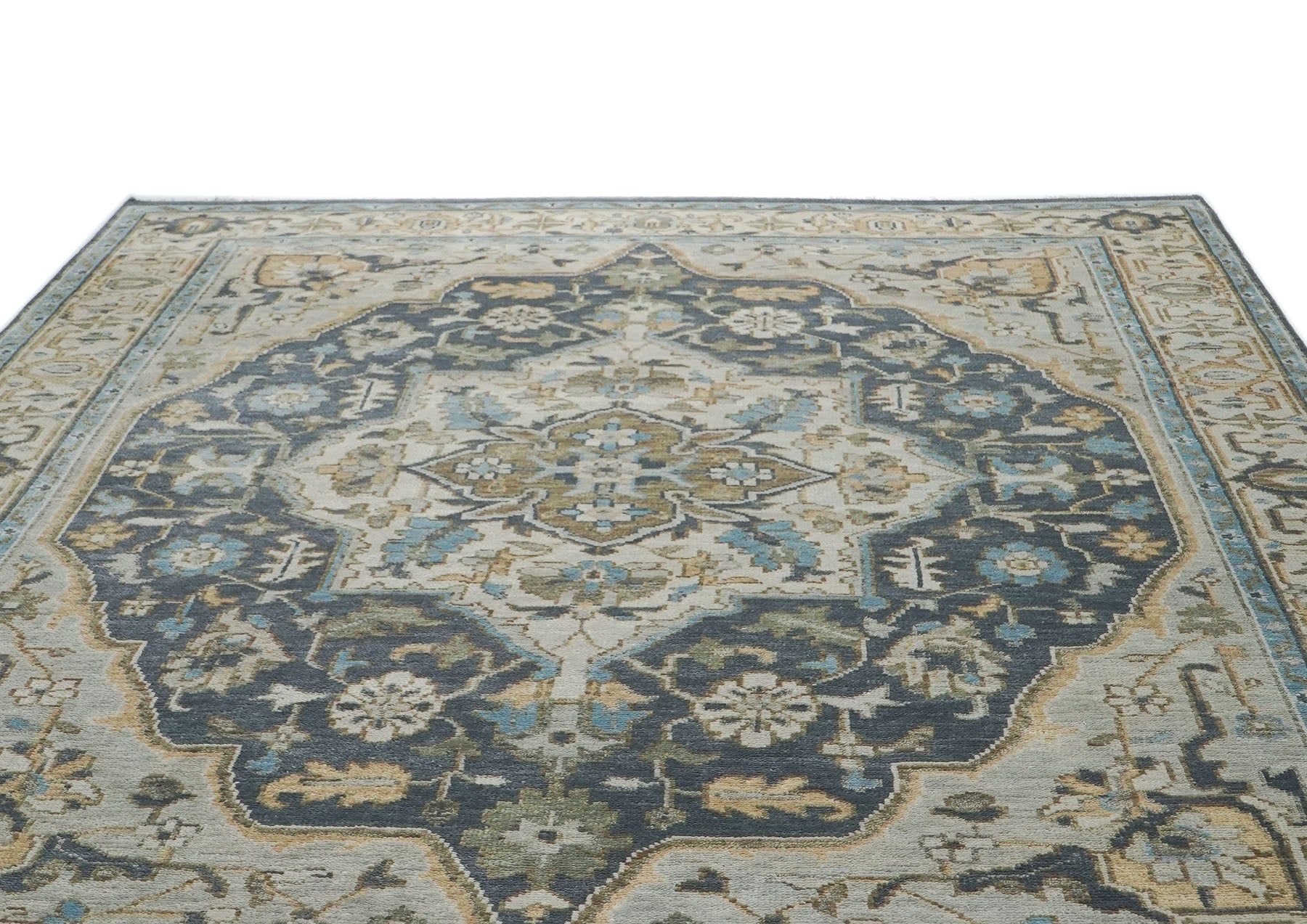 10x14 Blue, Beige, Green Color Hand Knotted Oushak Wool  Oriental Rug
