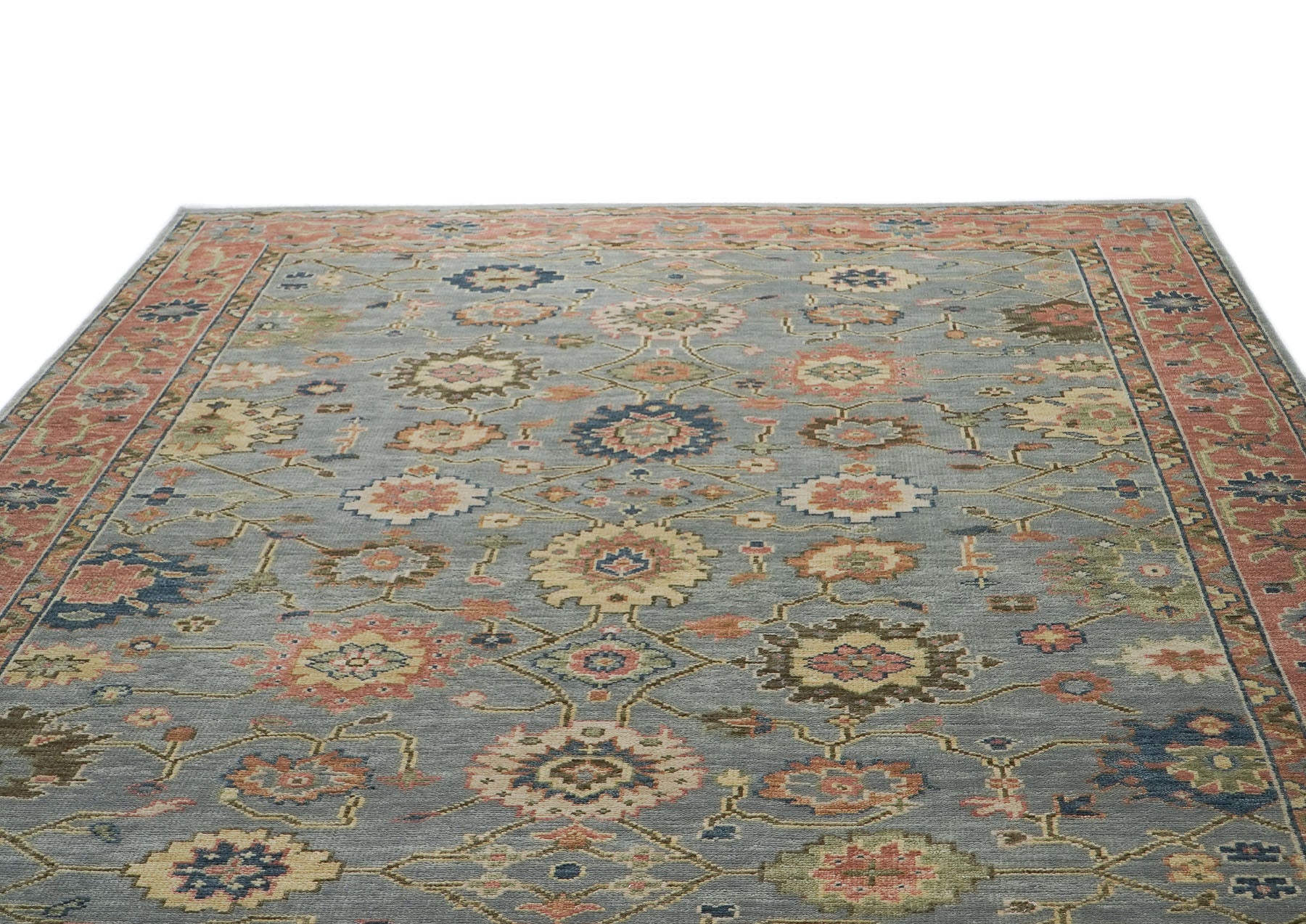 10x14 Blue, Rose, Lime Color Hand Knotted Oushak Wool Arts and Crafts Oriental Rug