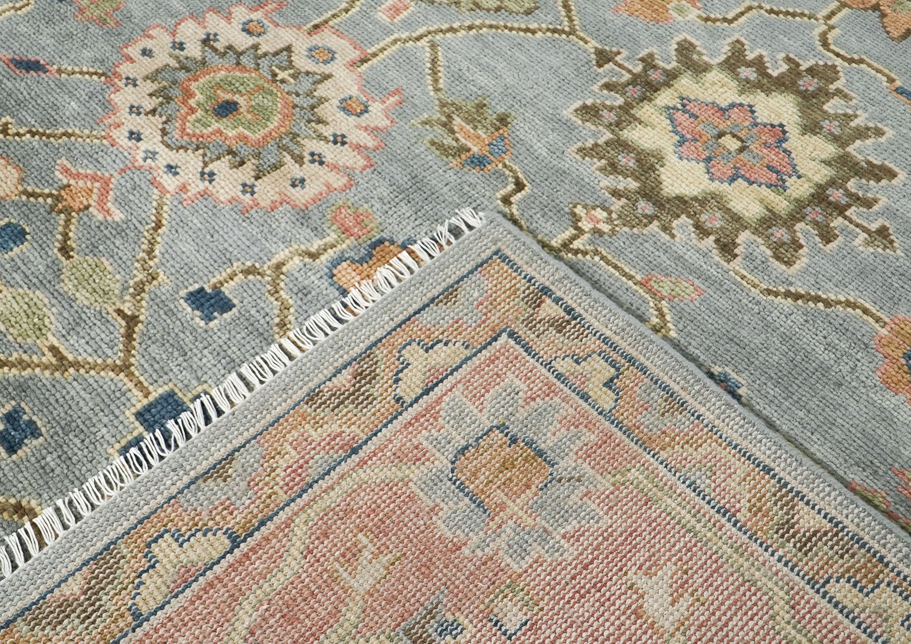 10x14 Blue, Rose, Lime Color Hand Knotted Oushak Wool Arts and Crafts Oriental Rug