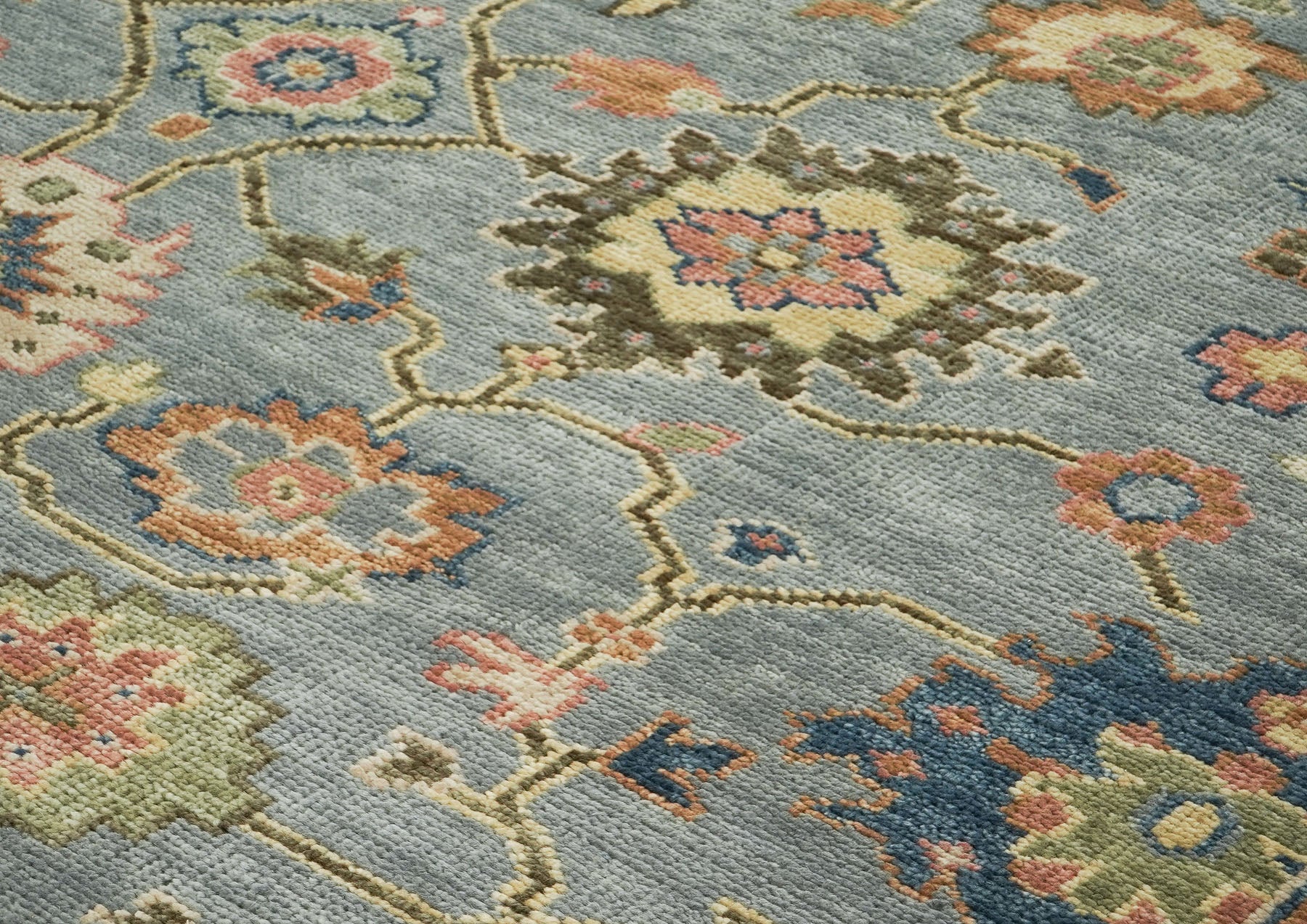 10x14 Blue, Rose, Lime Color Hand Knotted Oushak Wool Arts and Crafts Oriental Rug