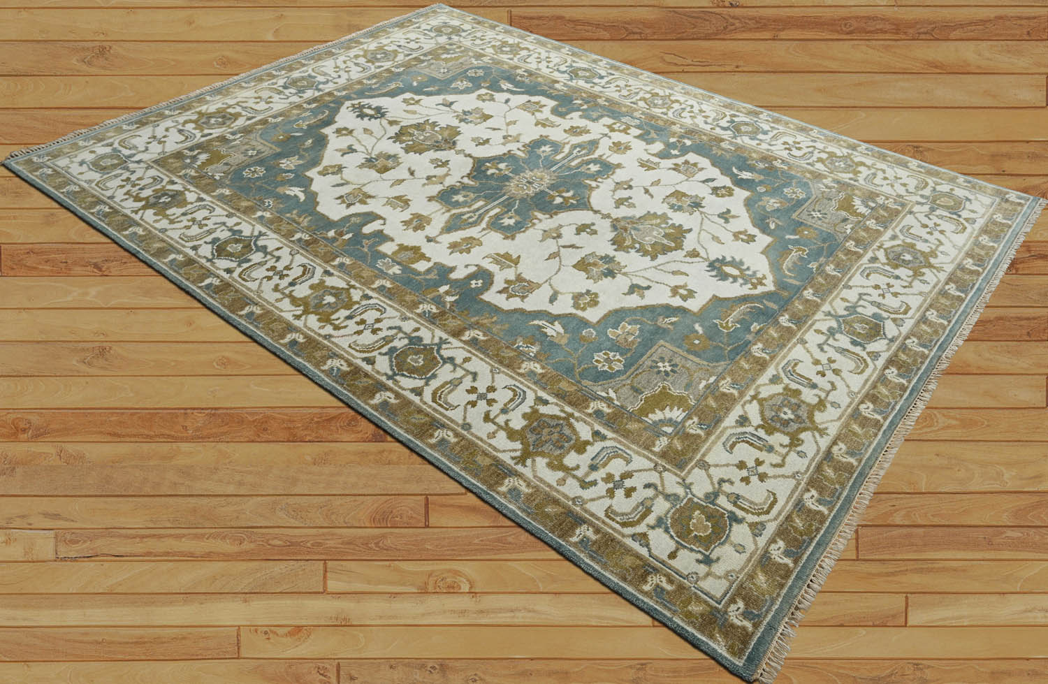 8x10 Ivory Blue Brown Color Hand Knotted Oushak Wool Traditional Oriental Rug