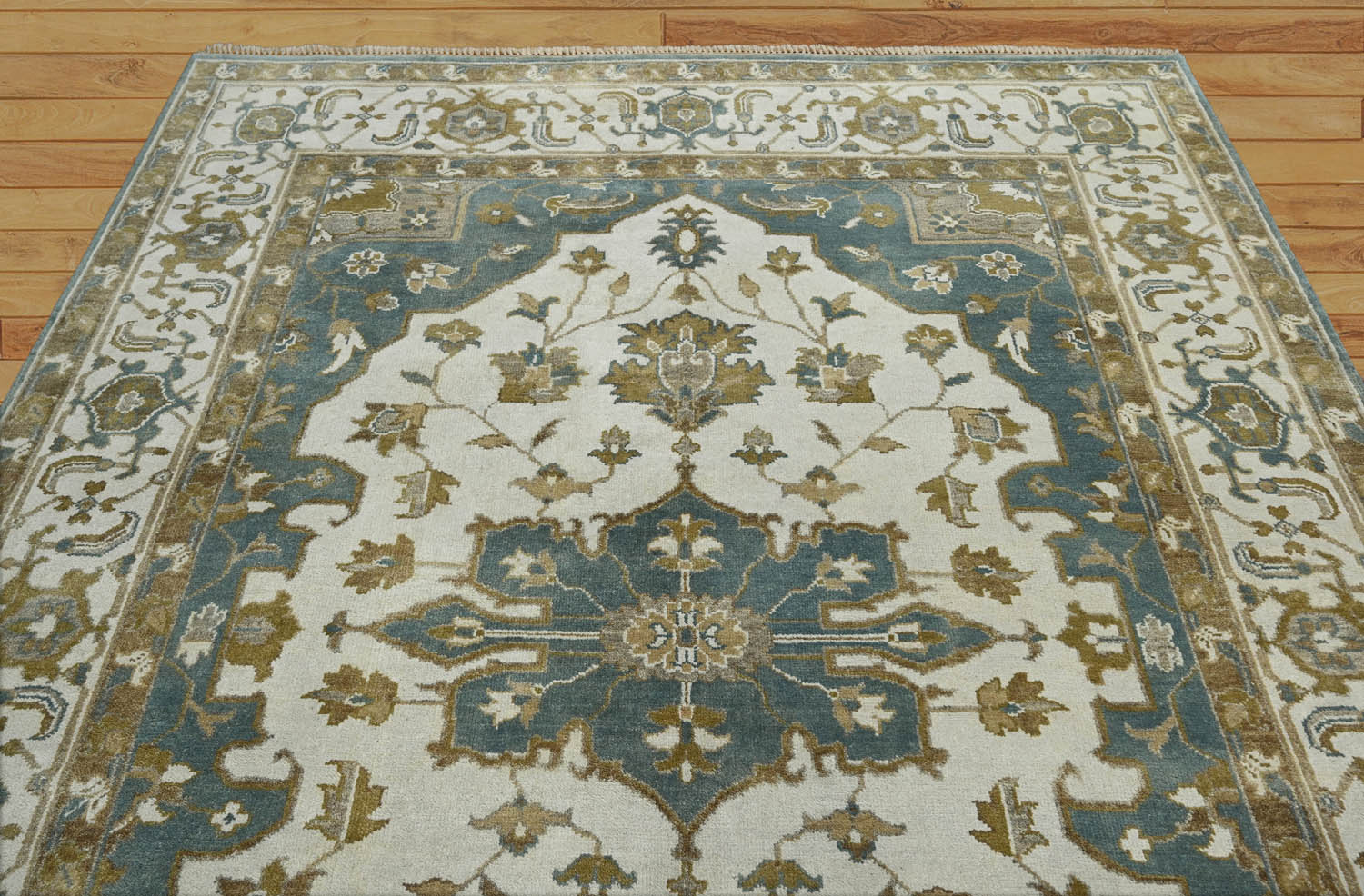 8x10 Ivory Blue Brown Color Hand Knotted Oushak Wool Traditional Oriental Rug