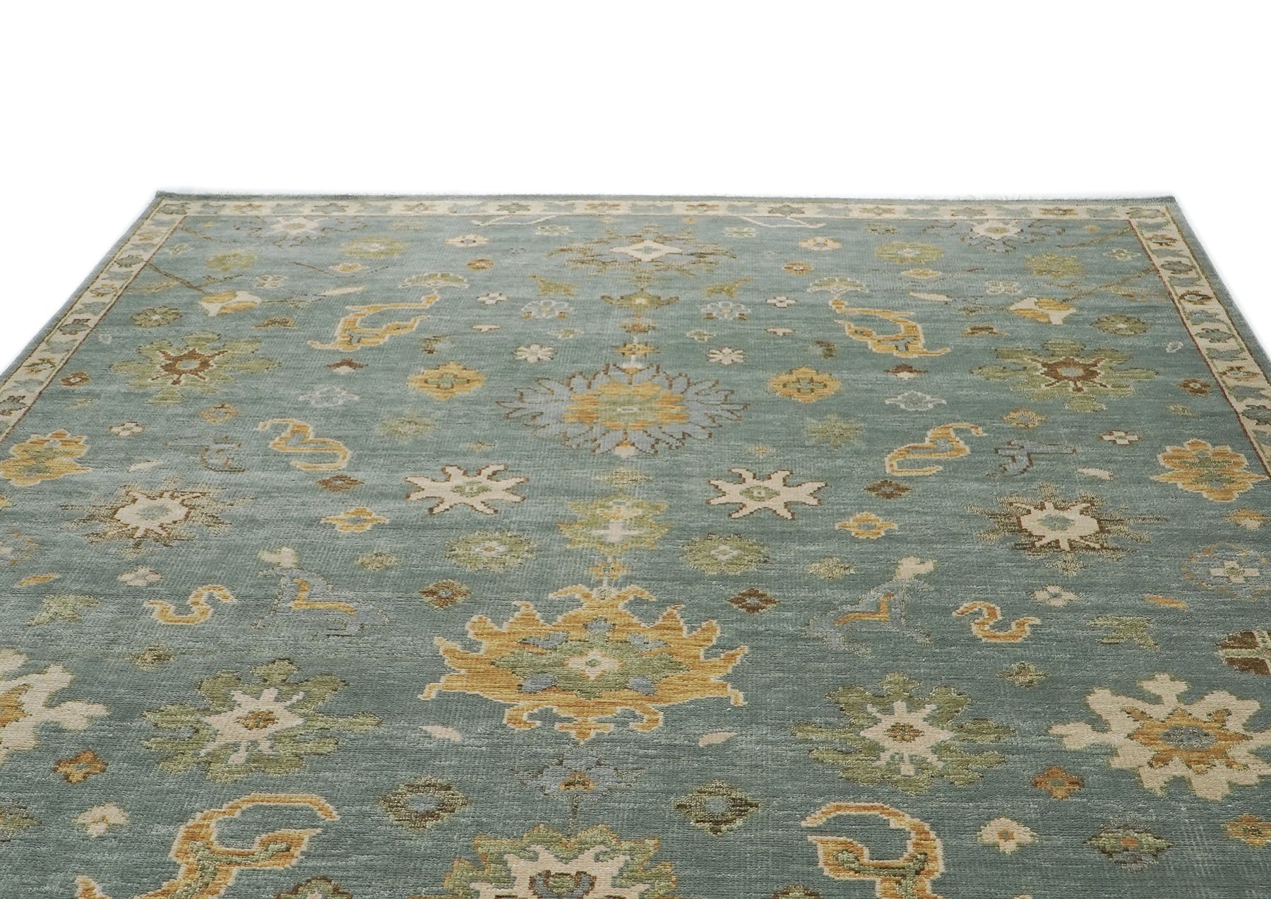 10x14 Seledon, Gold, Ivory Color Hand Knotted Oushak Wool Arts and Crafts Oriental Rug