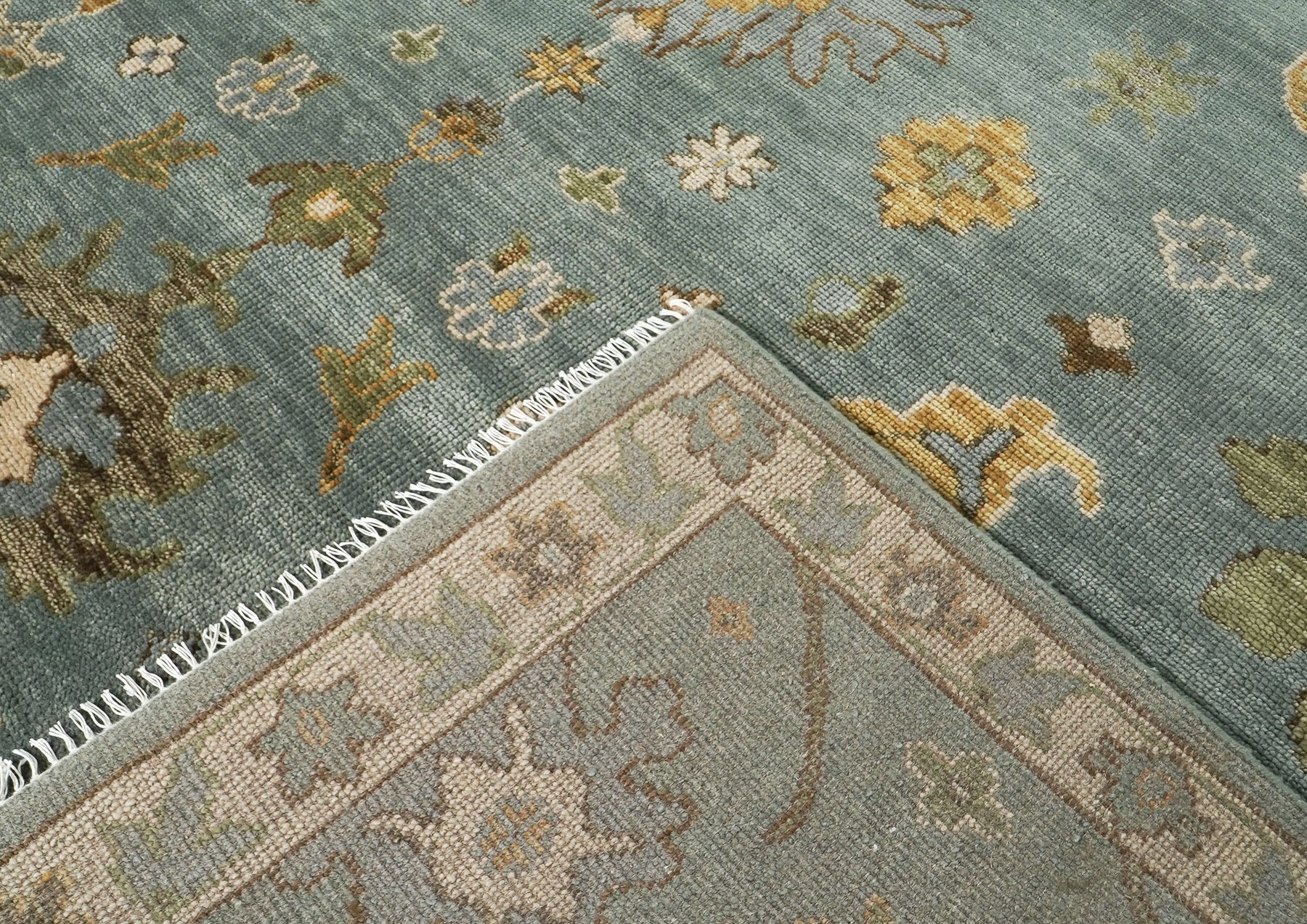 10x14 Seledon, Gold, Ivory Color Hand Knotted Oushak Wool Arts and Crafts Oriental Rug