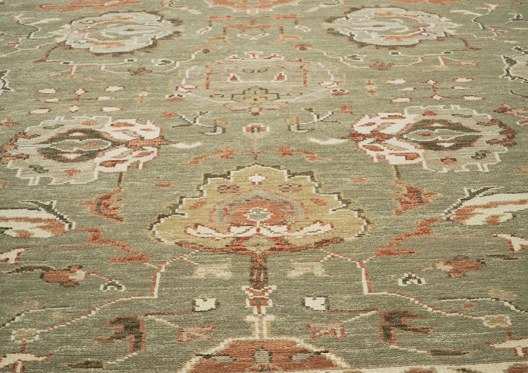 10x14 Green, Beige, peach Color Hand Knotted Oushak Wool Arts and Crafts Oriental Rug