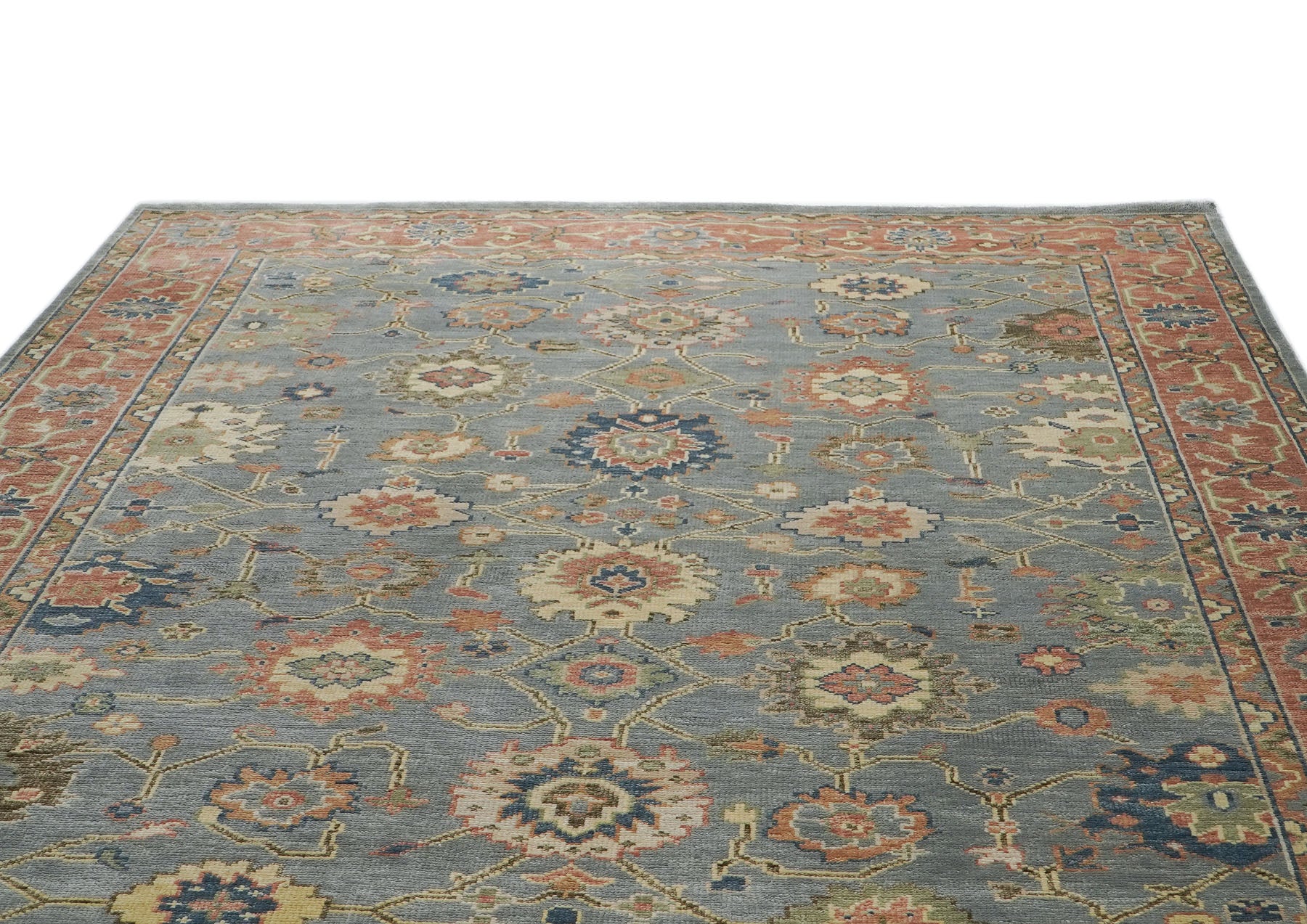 10x14 Blue, Rose, peach Color Hand Knotted Oushak Wool Arts and Crafts Oriental Rug