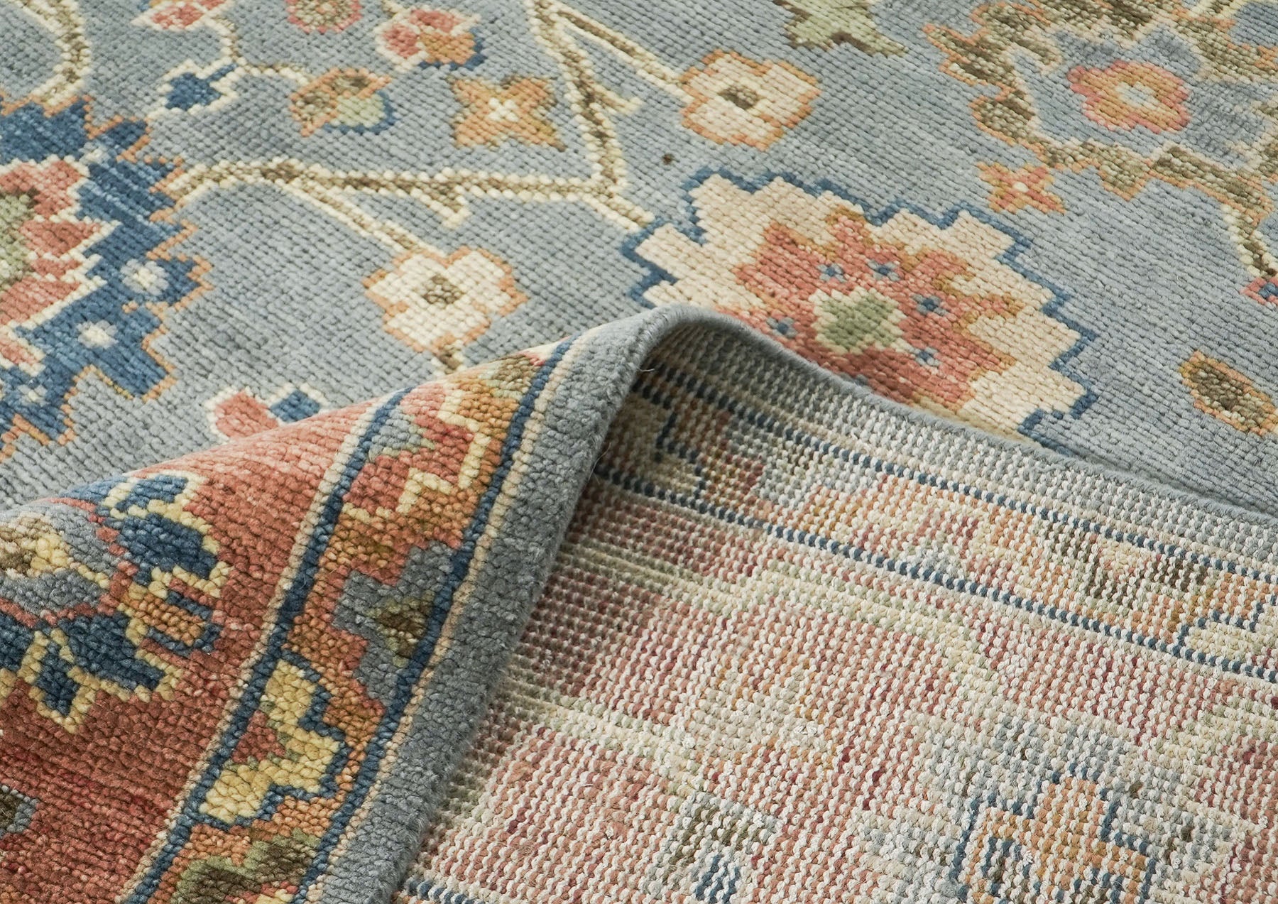 10x14 Blue, Rose, peach Color Hand Knotted Oushak Wool Arts and Crafts Oriental Rug