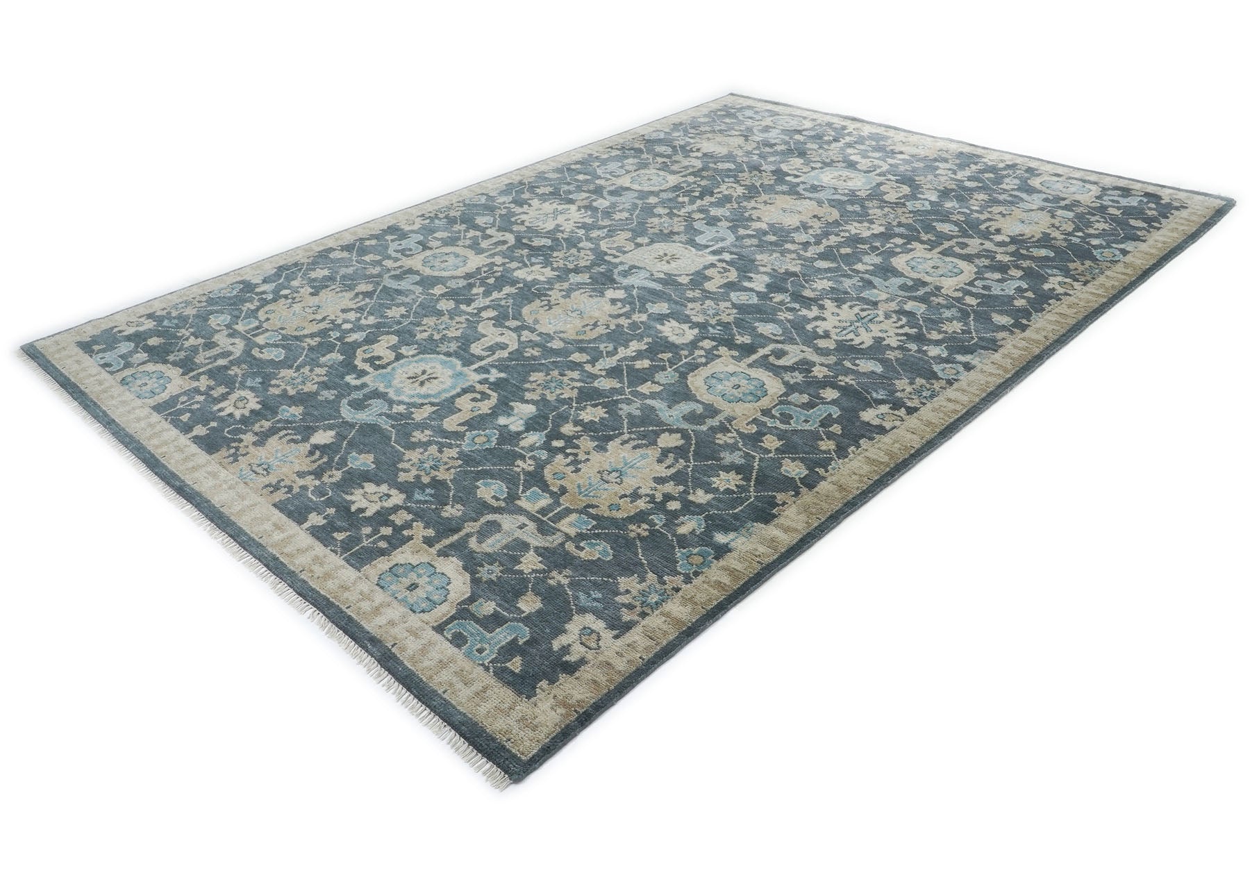10x14 Blue, Beige, Tan Color Hand Knotted Oushak Wool Arts and Crafts Oriental Rug