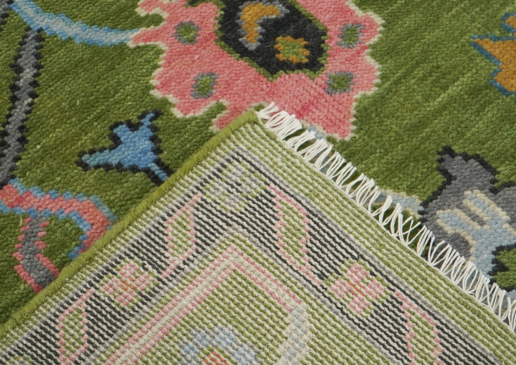 Multi Size Green Pink Navy Color Hand Knotted Oushak Wool Traditional Oriental Rug