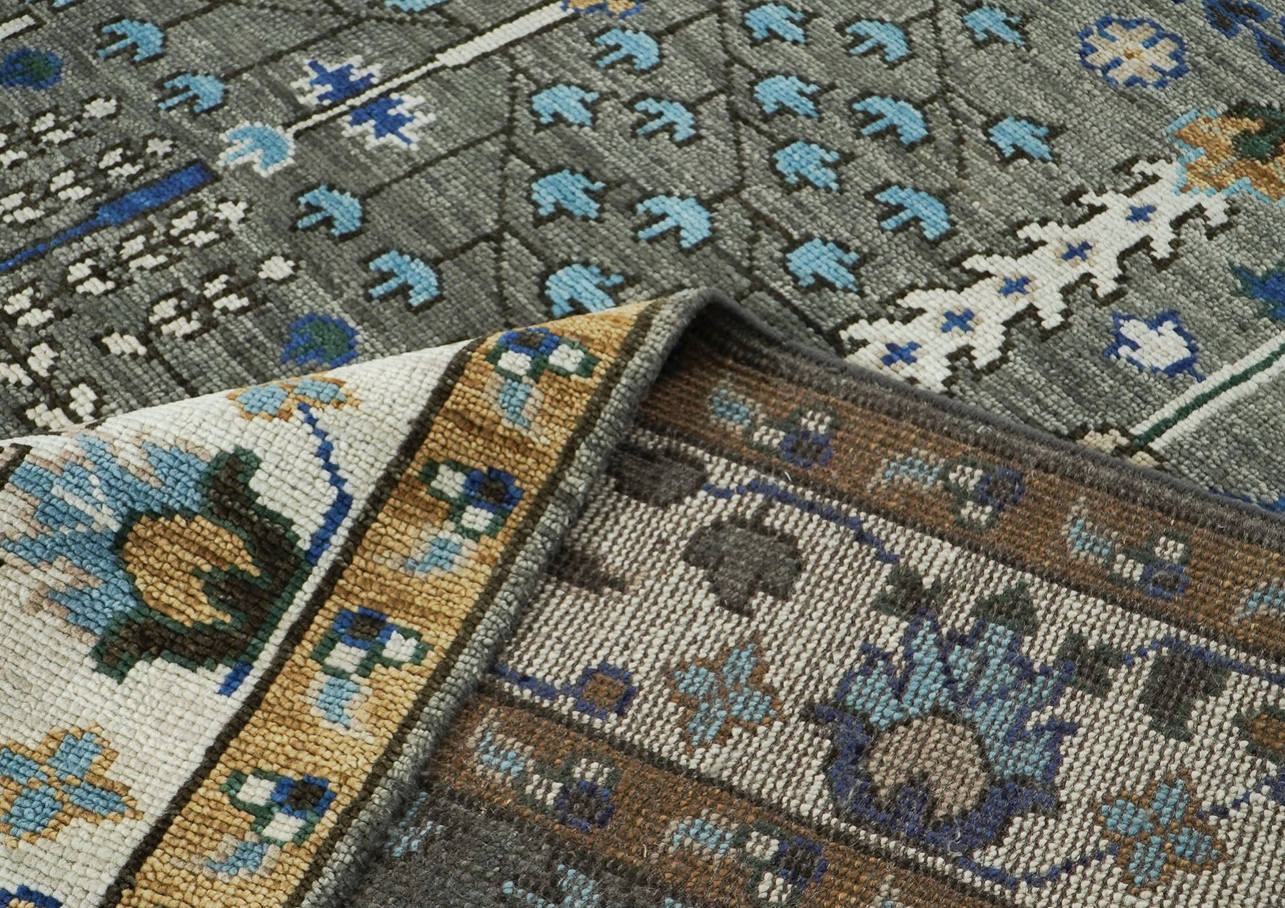 10x14 Gray, Tan, Blue Color Hand Knotted Oushak Wool Transitional Oriental Rug