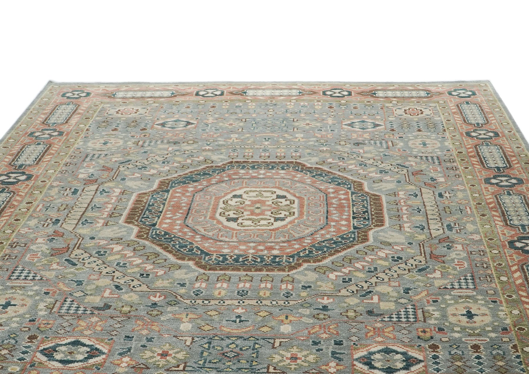 10x14 Slate, Green, Rose Color Hand Knotted Oushak Wool Traditional Oriental Rug