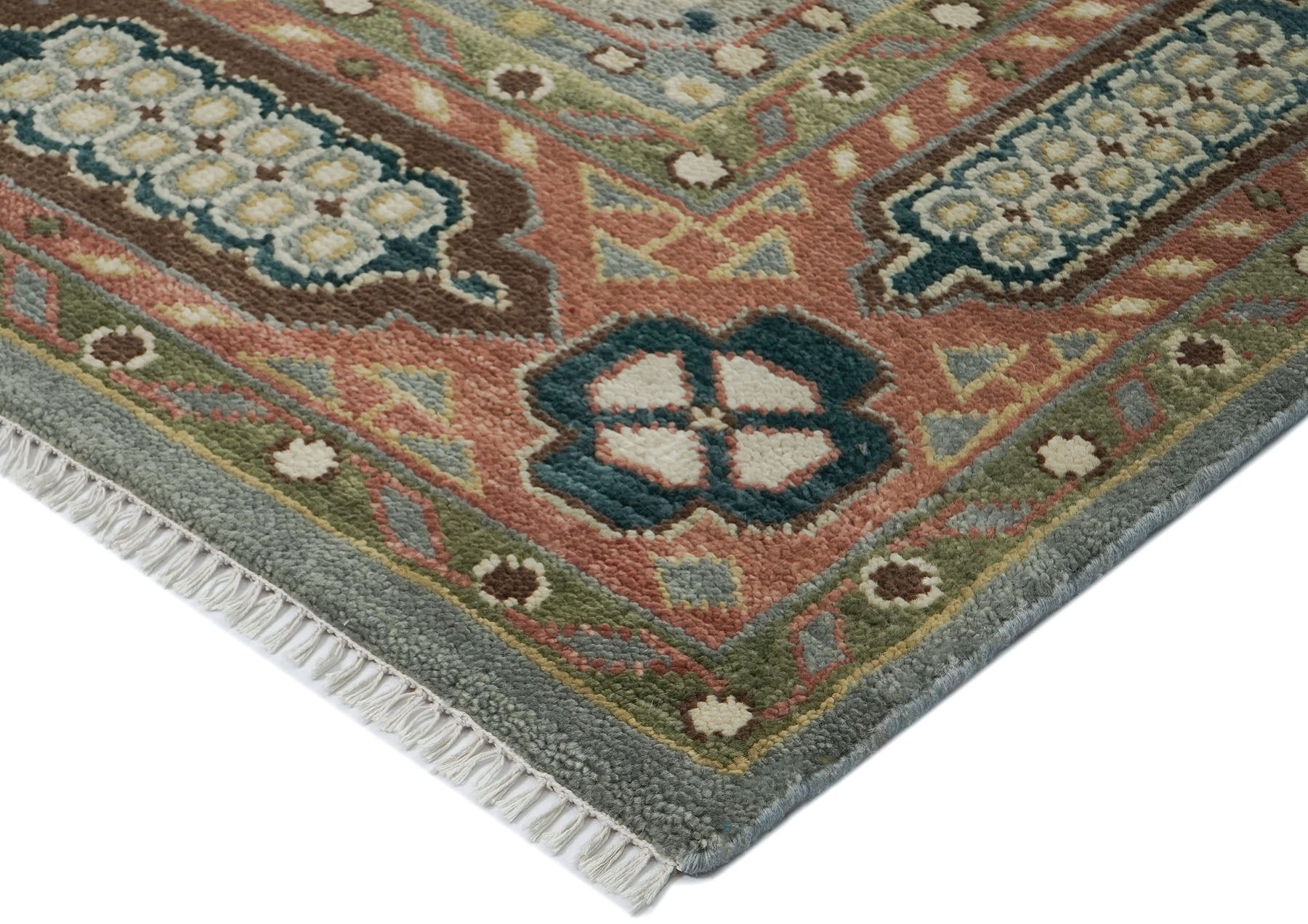 10x14 Slate, Green, Rose Color Hand Knotted Oushak Wool Traditional Oriental Rug