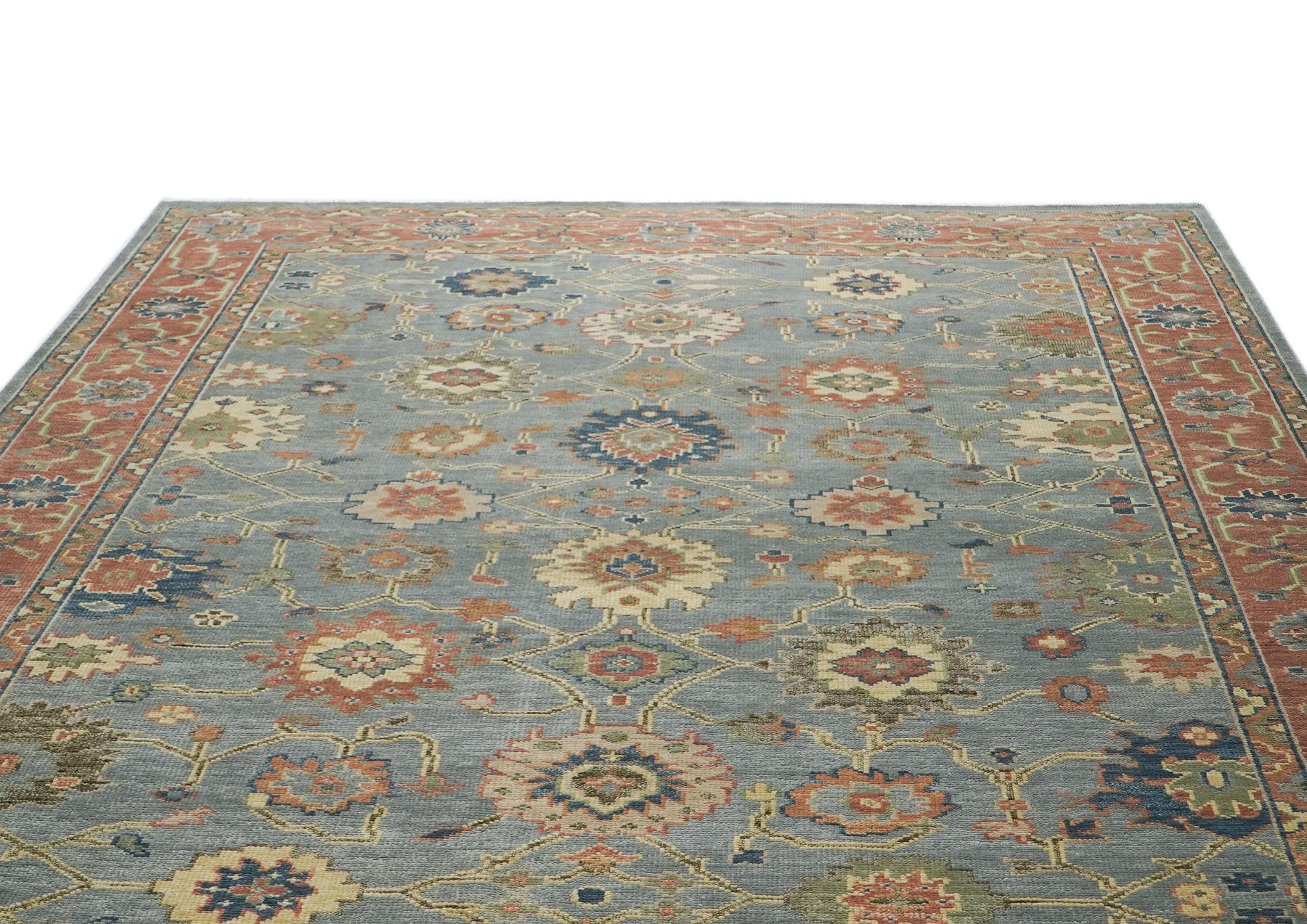 10x14 Blue, Rose, peach Color Hand Knotted Oushak Wool Arts and Crafts Oriental Rug