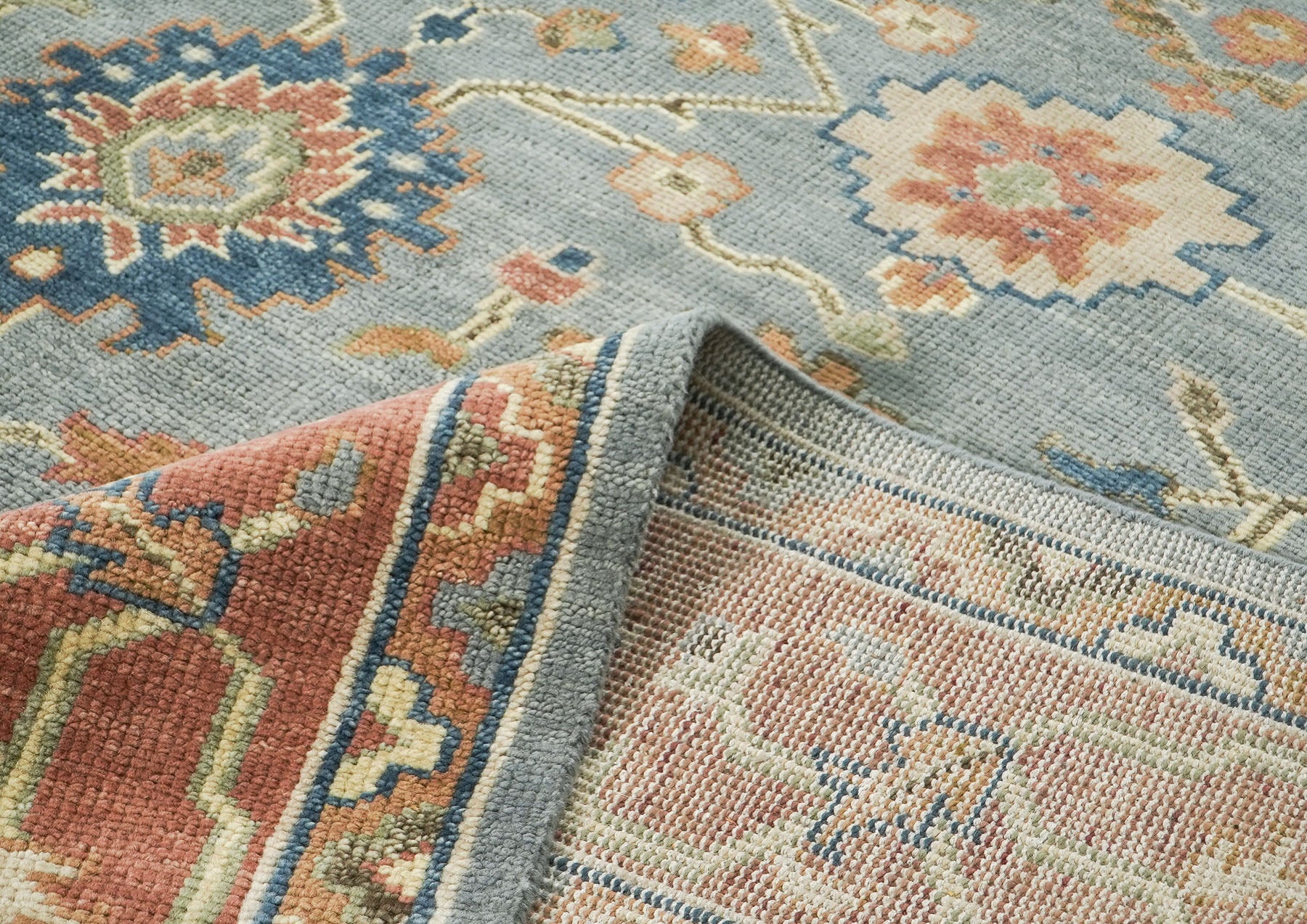 10x14 Blue, Rose, peach Color Hand Knotted Oushak Wool Arts and Crafts Oriental Rug