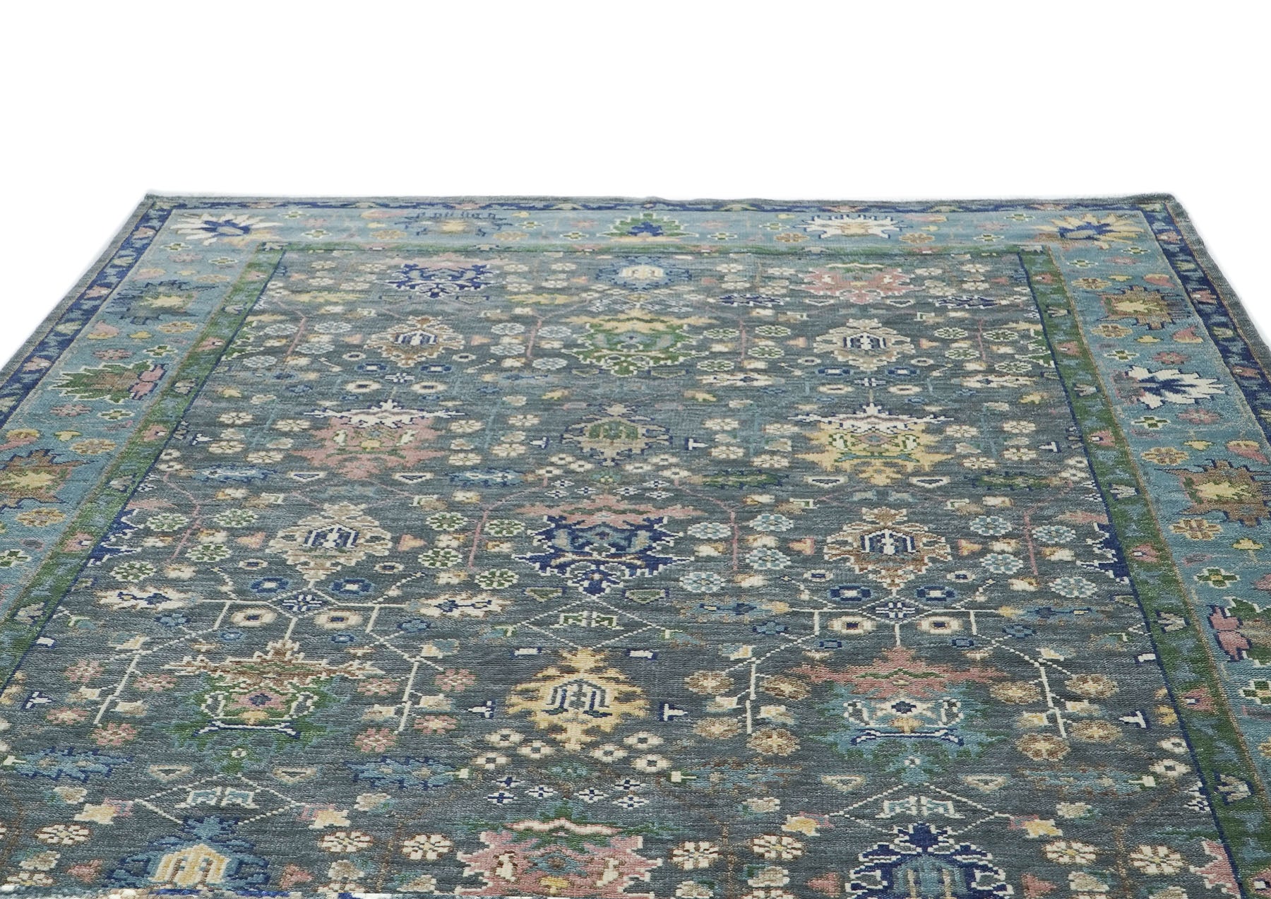 10x14 Blue, Navy, Green Color Hand Knotted Oushak Wool Arts and Crafts Oriental Rug