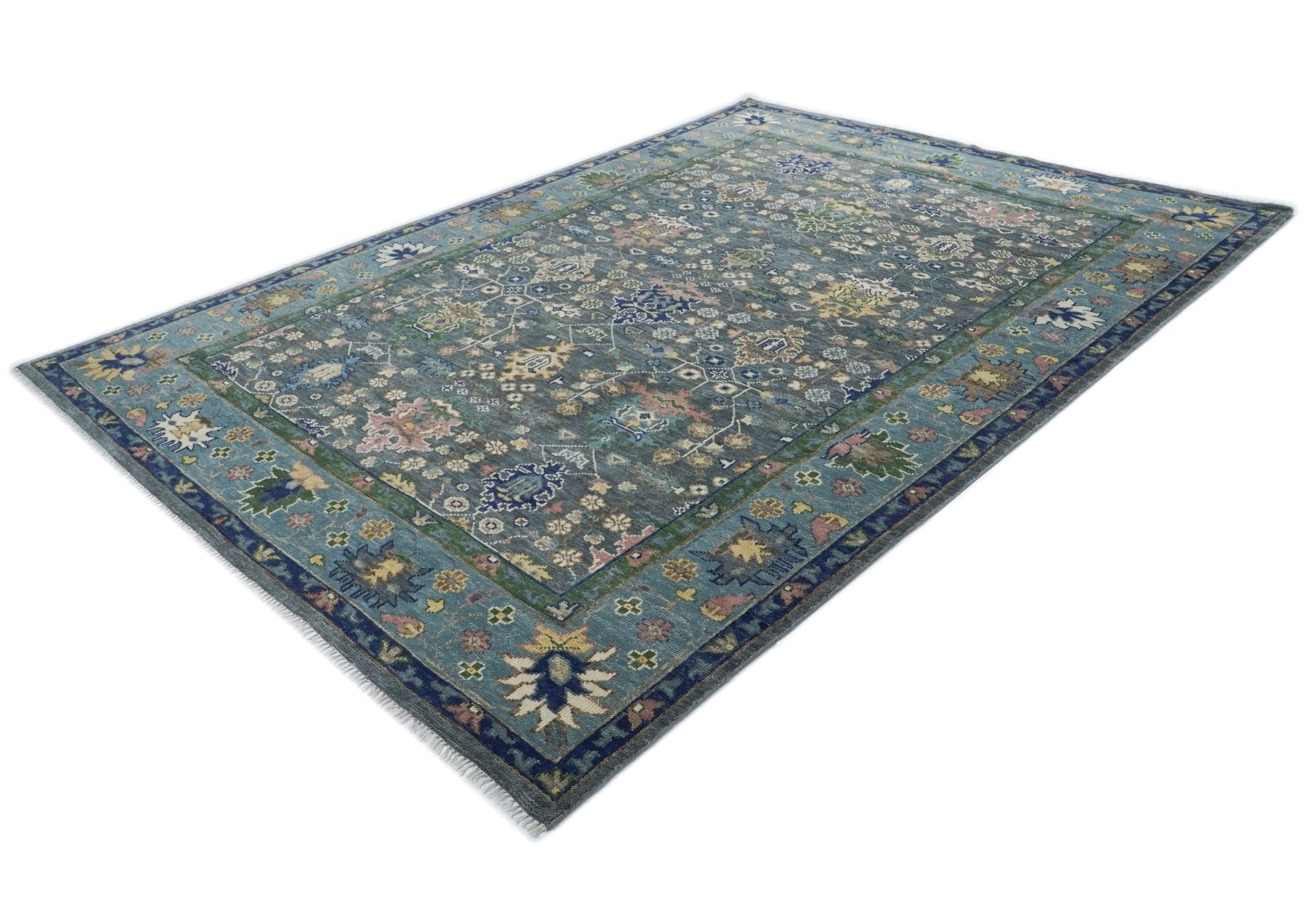 10x14 Blue, Navy, Green Color Hand Knotted Oushak Wool Arts and Crafts Oriental Rug