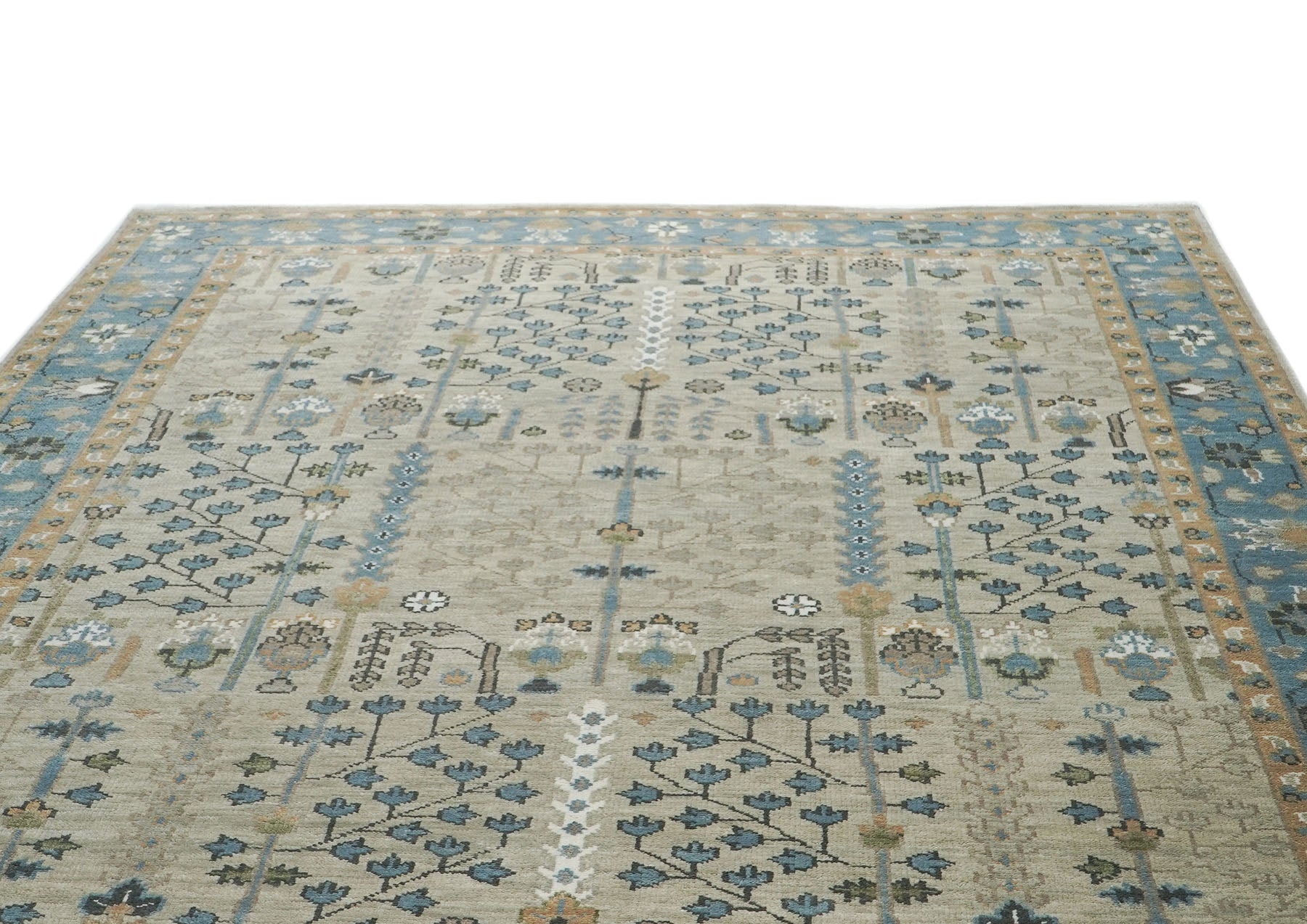 10x14 Beige, Aqua, Tan Color Hand Knotted Oushak Wool Transitional Oriental Rug