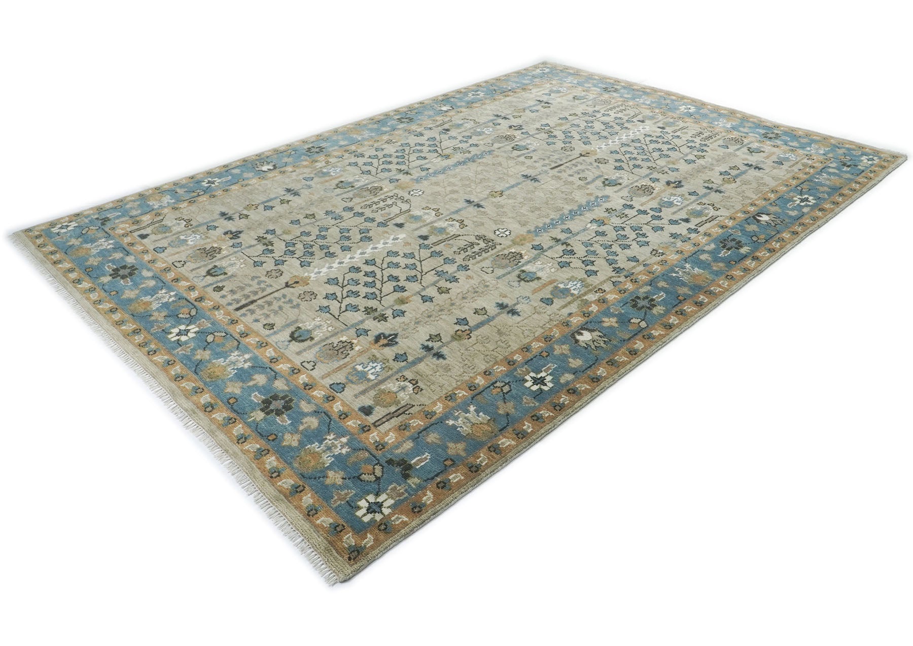 10x14 Beige, Aqua, Tan Color Hand Knotted Oushak Wool Transitional Oriental Rug