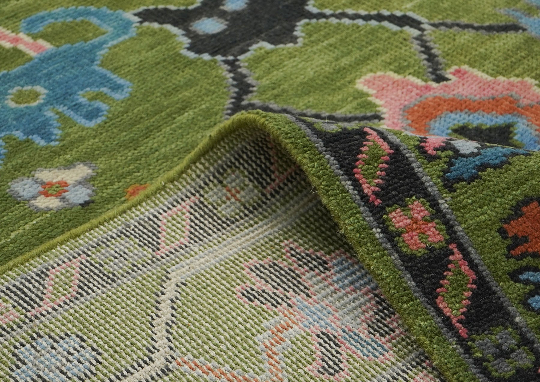 Multi Size Green Pink Navy Color Hand Knotted Oushak Wool Traditional Oriental Rug