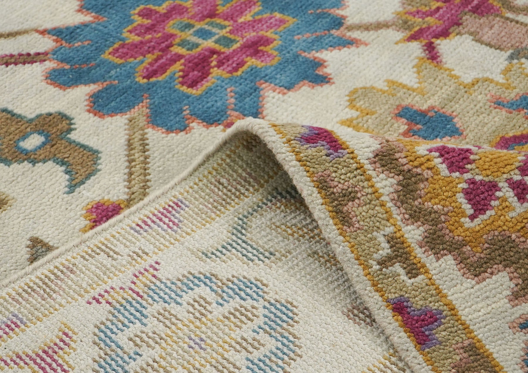 Multi Size Ivory Brown Aqua Color Hand Knotted Oushak Wool Traditional Oriental Rug