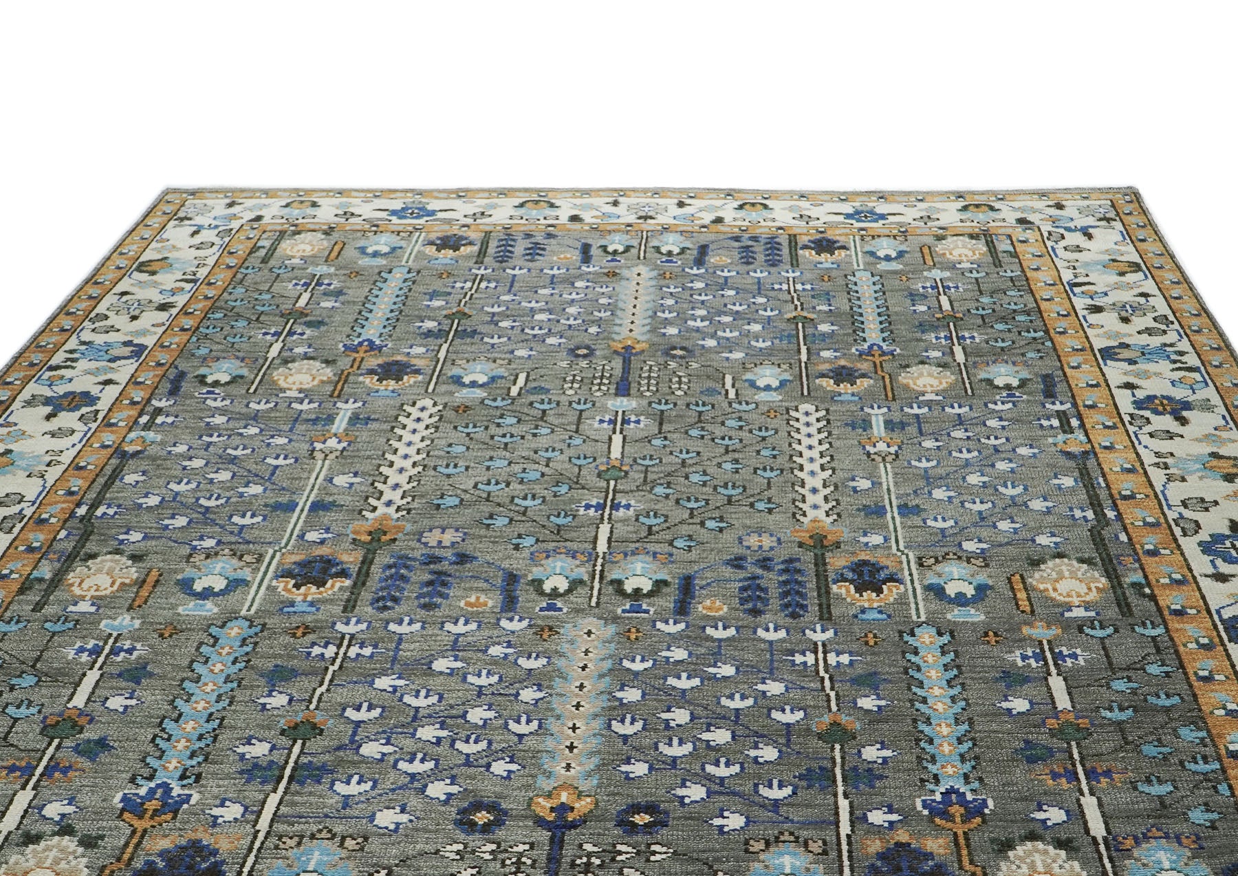 10x14 Gray, Ivory, Gold Color Hand Knotted Oushak Wool Transitional Oriental Rug