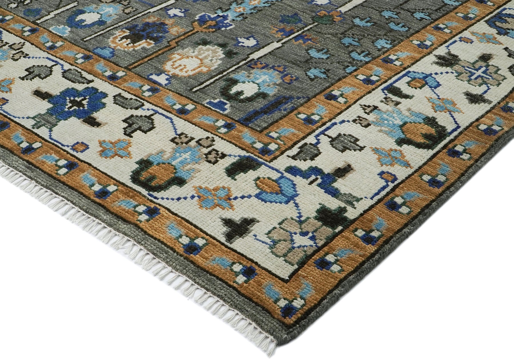 10x14 Gray, Ivory, Gold Color Hand Knotted Oushak Wool Transitional Oriental Rug