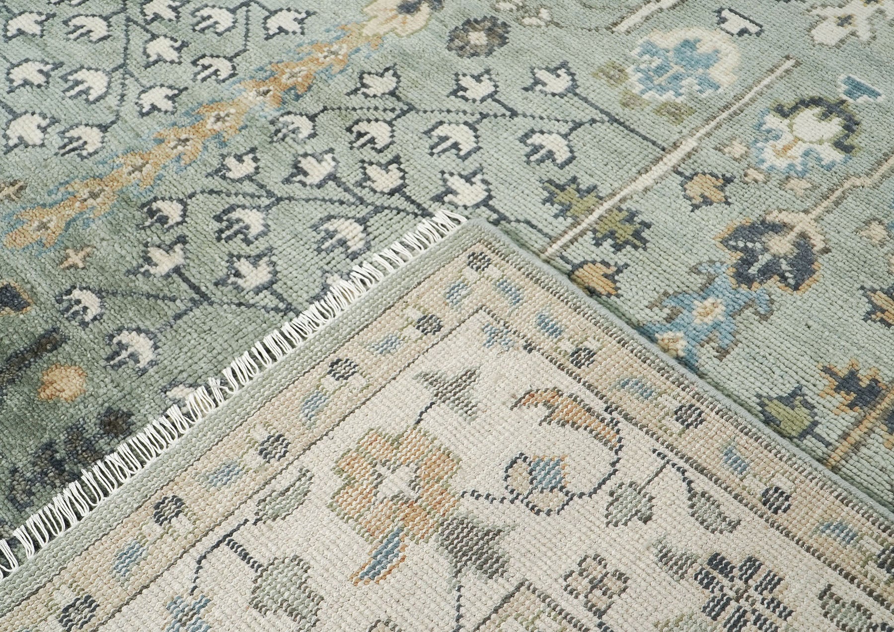 10x14 Celadon, Beige, Green Color Hand Knotted Oushak Wool Transitional Oriental Rug