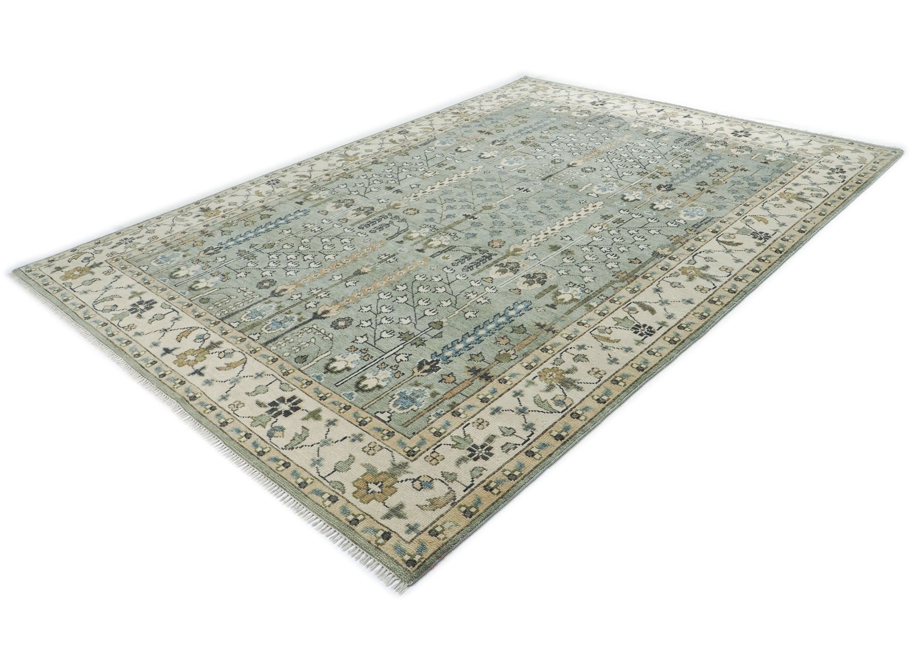 10x14 Celadon, Beige, Green Color Hand Knotted Oushak Wool Transitional Oriental Rug