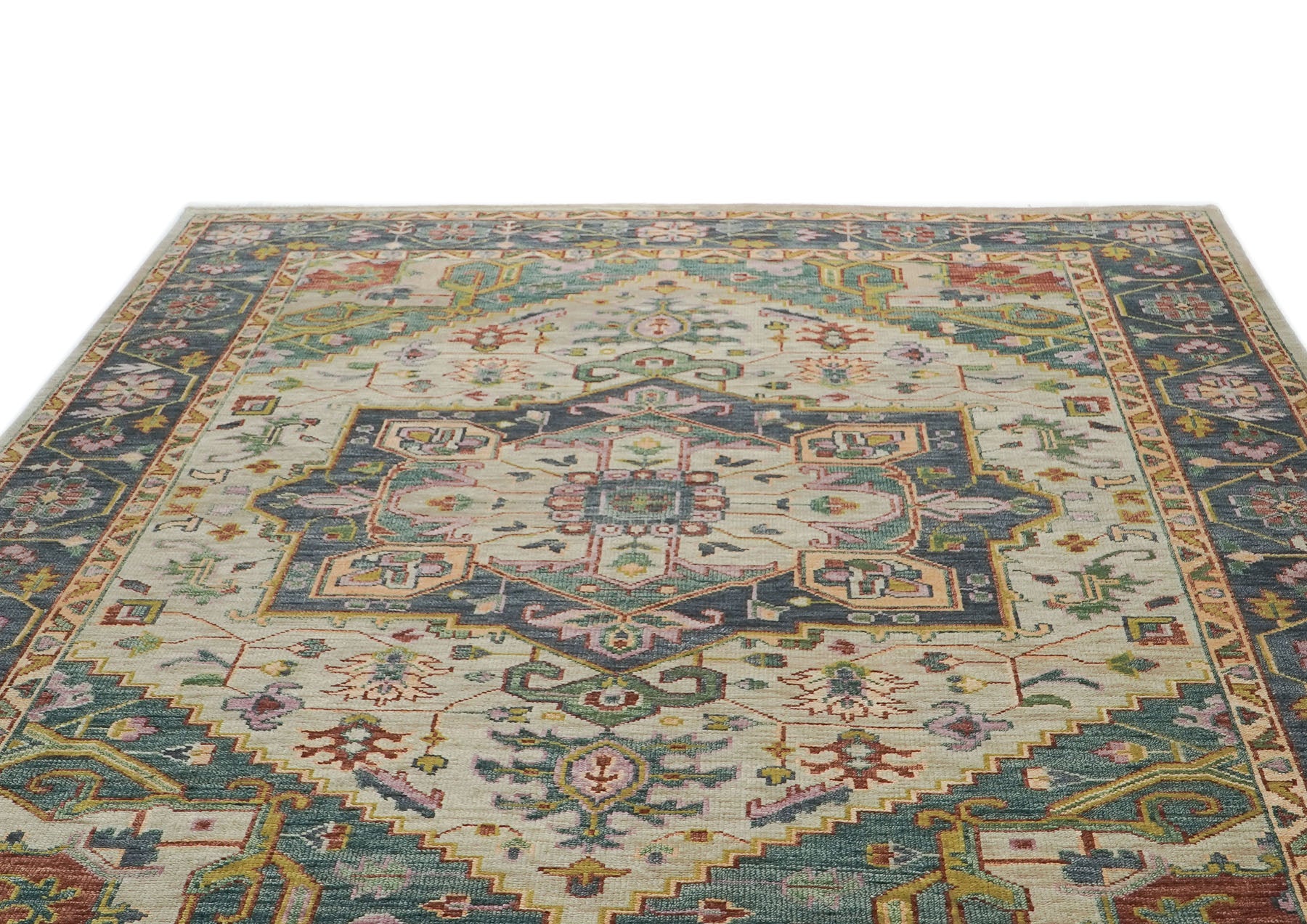 10x14 Beige, Mint, Slate Color Hand Knotted Oushak Wool  Oriental Rug