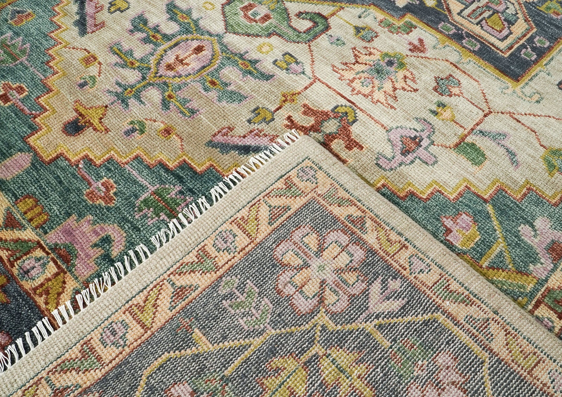 10x14 Beige, Mint, Slate Color Hand Knotted Oushak Wool  Oriental Rug