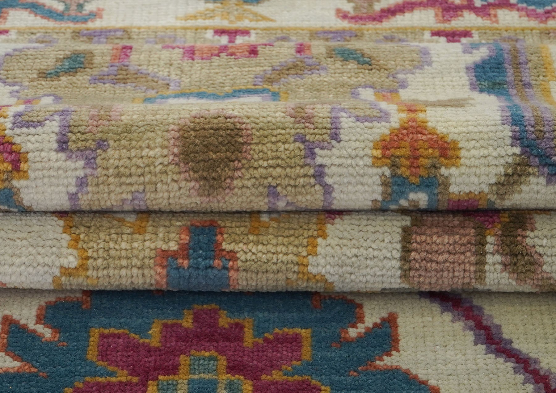 Multi Size Ivory Brown Aqua Color Hand Knotted Oushak Wool Traditional Oriental Rug