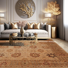 8x10 Beige, Tan, Brown Color Hand Knotted Floral 100% Wool Traditional Oriental Rug