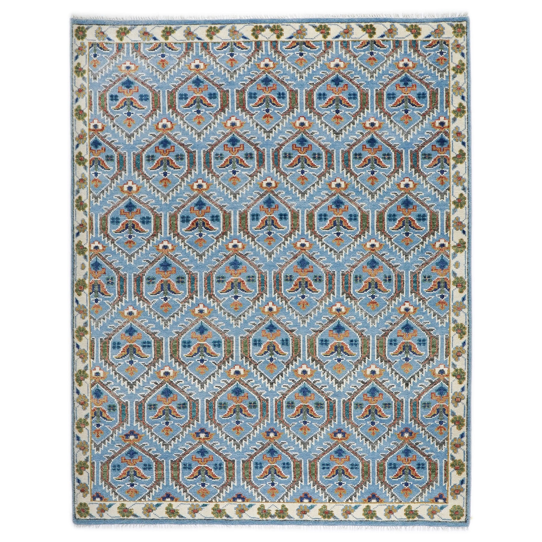 8x10 Blue, Green, Burnt Orange Go Color Hand Knotted Oushak Wool Transitional Oriental Rug