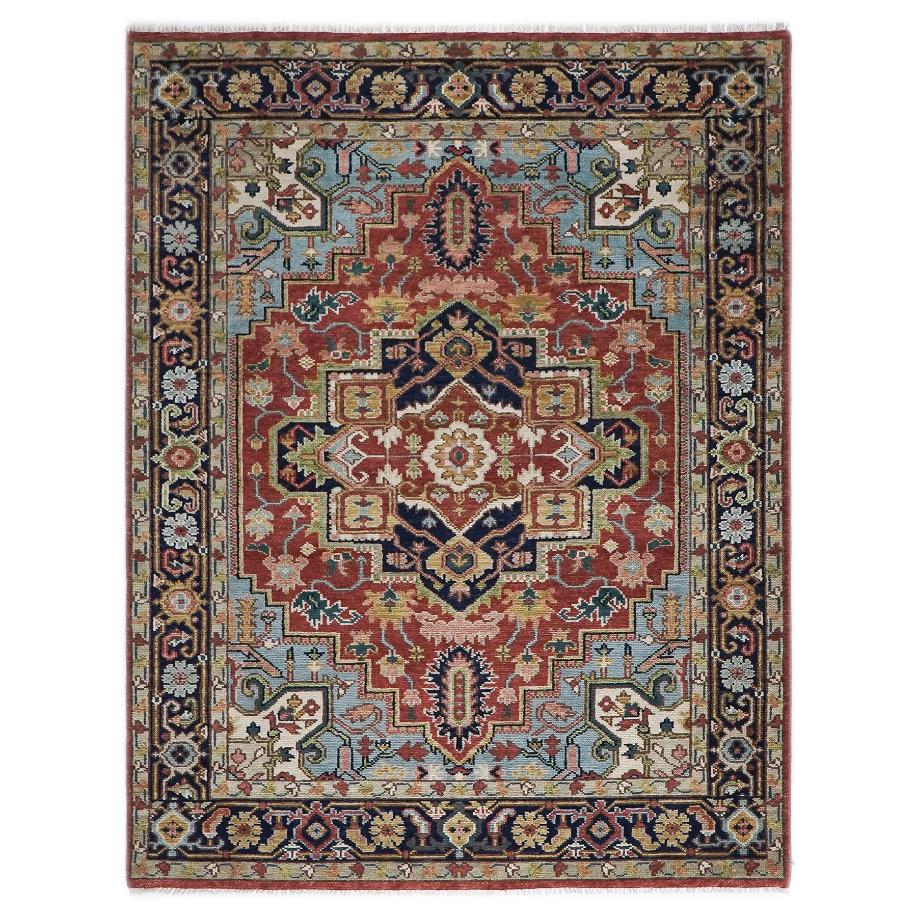 8x10 Rust, Navy, Aqua Color Hand Knotted Heriz Wool Traditional Oriental Rug