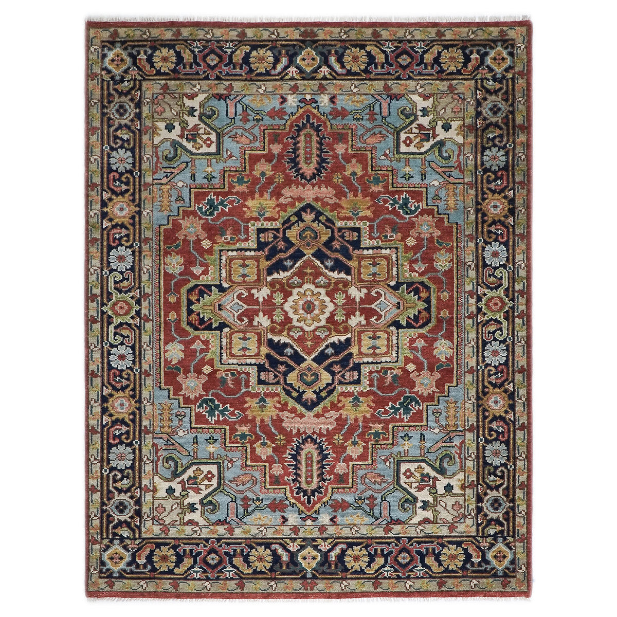 8x10 Rust, Navy, Aqua Color Hand Knotted Heriz Wool Traditional Oriental Rug
