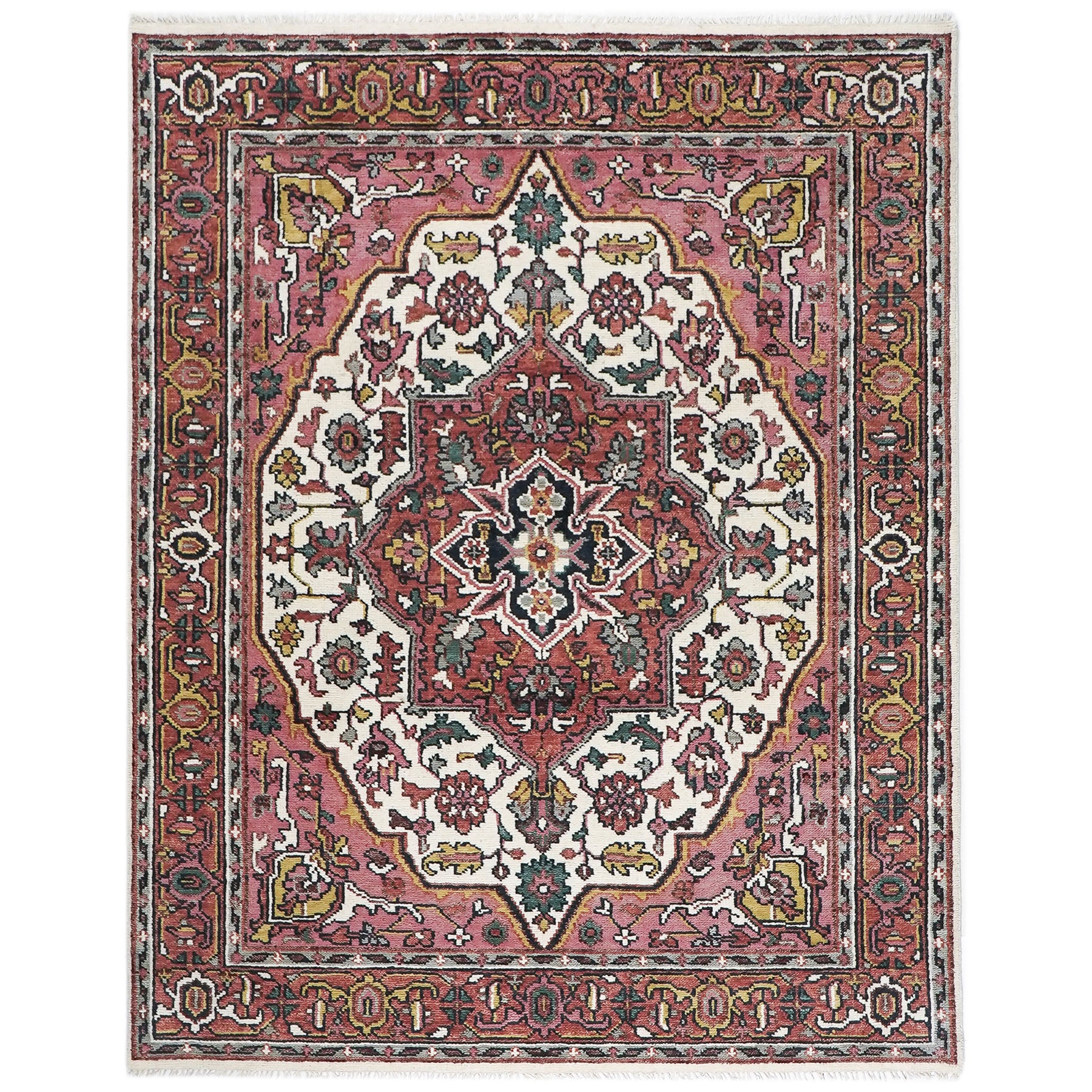 8x10 Pink, Ivory, Gold Color Hand Knotted Heriz Wool Traditional Oriental Rug
