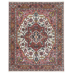 8x10 Pink, Ivory, Gold Color Hand Knotted Heriz Wool Traditional Oriental Rug