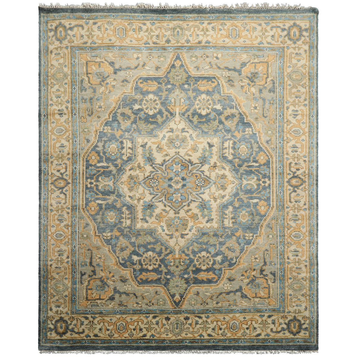 8x10 Blue, Beige, Gold Color Hand Knotted Oushak Wool Traditional Oriental Rug