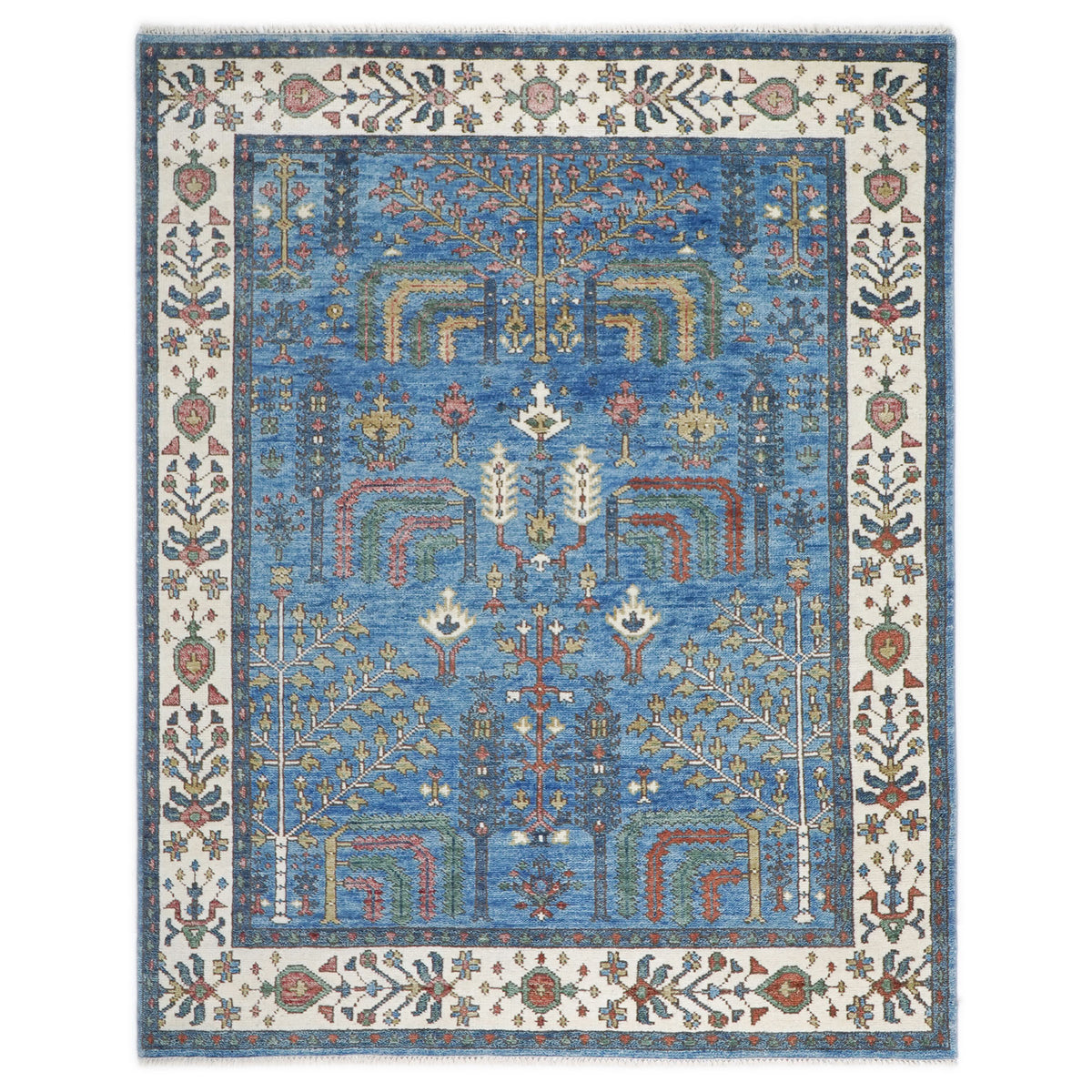 8x10 Blue, Ivory, Gold Color Hand Knotted Oushak Wool Transitional Oriental Rug