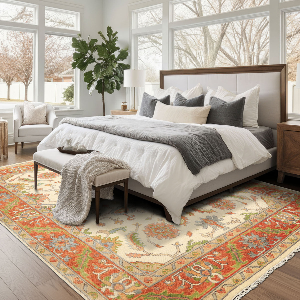 Ivory, Burnt Orange 7'10'' x 9'11'' Oushak Traditional Hand Knotted Wool Oriental Area Rug