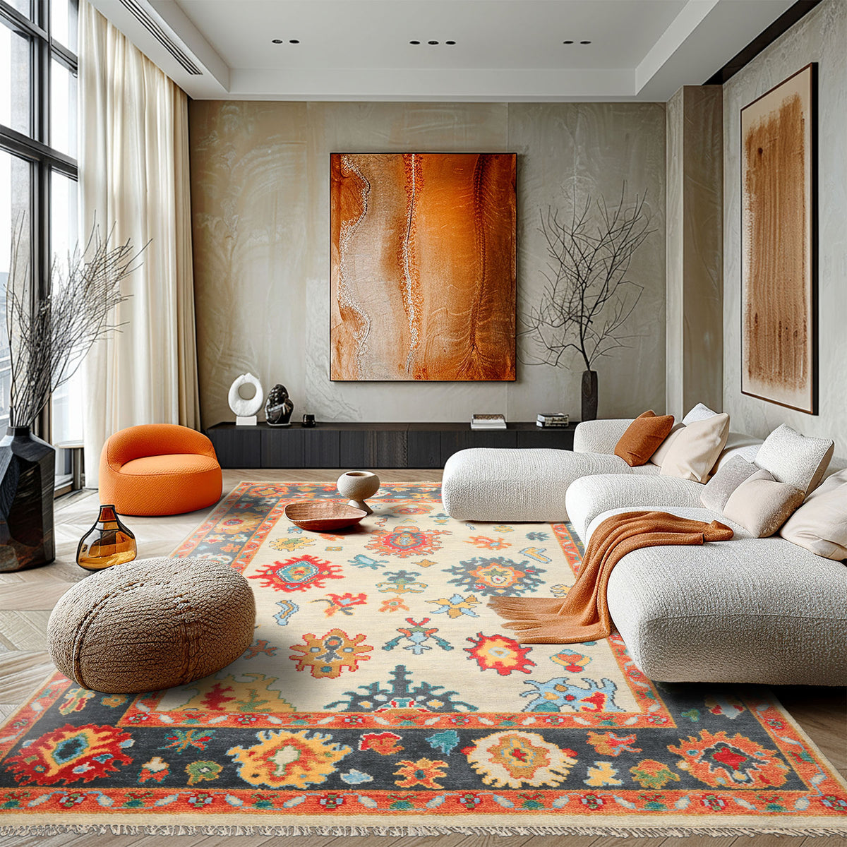 Beige, Gray 7'11'' x 9'11'' Oushak Traditional Hand Knotted Wool Oriental Area Rug