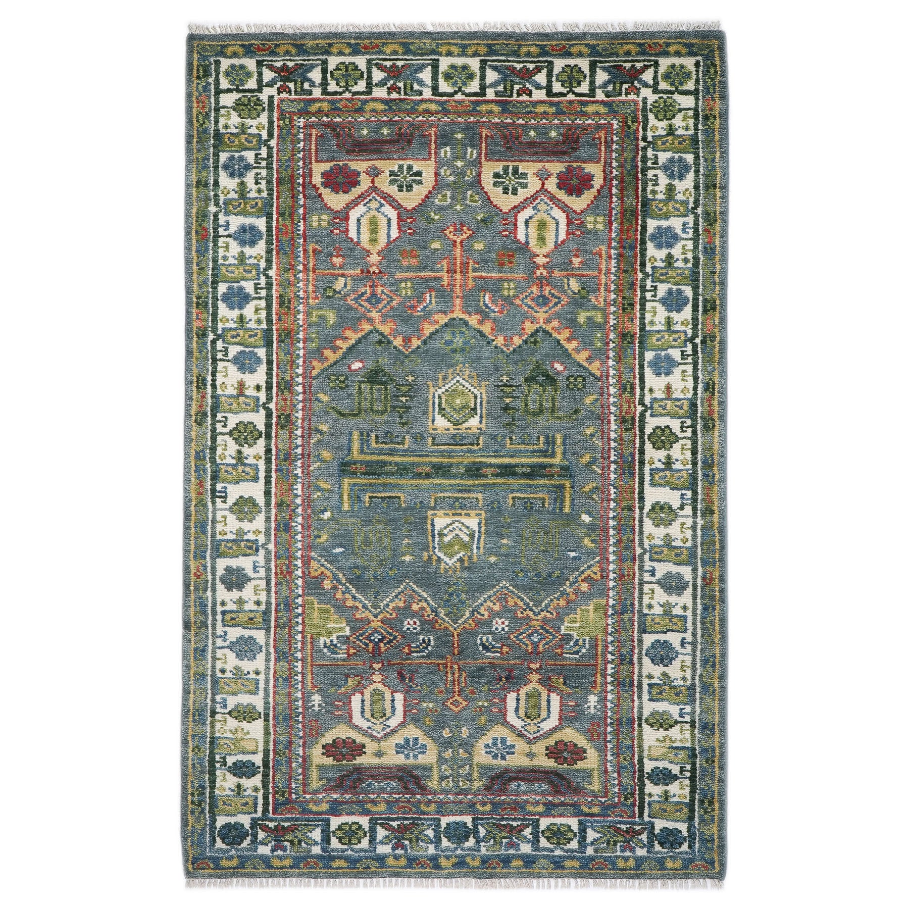 5x8 Teal, Ivory, Lime Color Hand Knotted Oushak Wool Transitional Oriental Rug