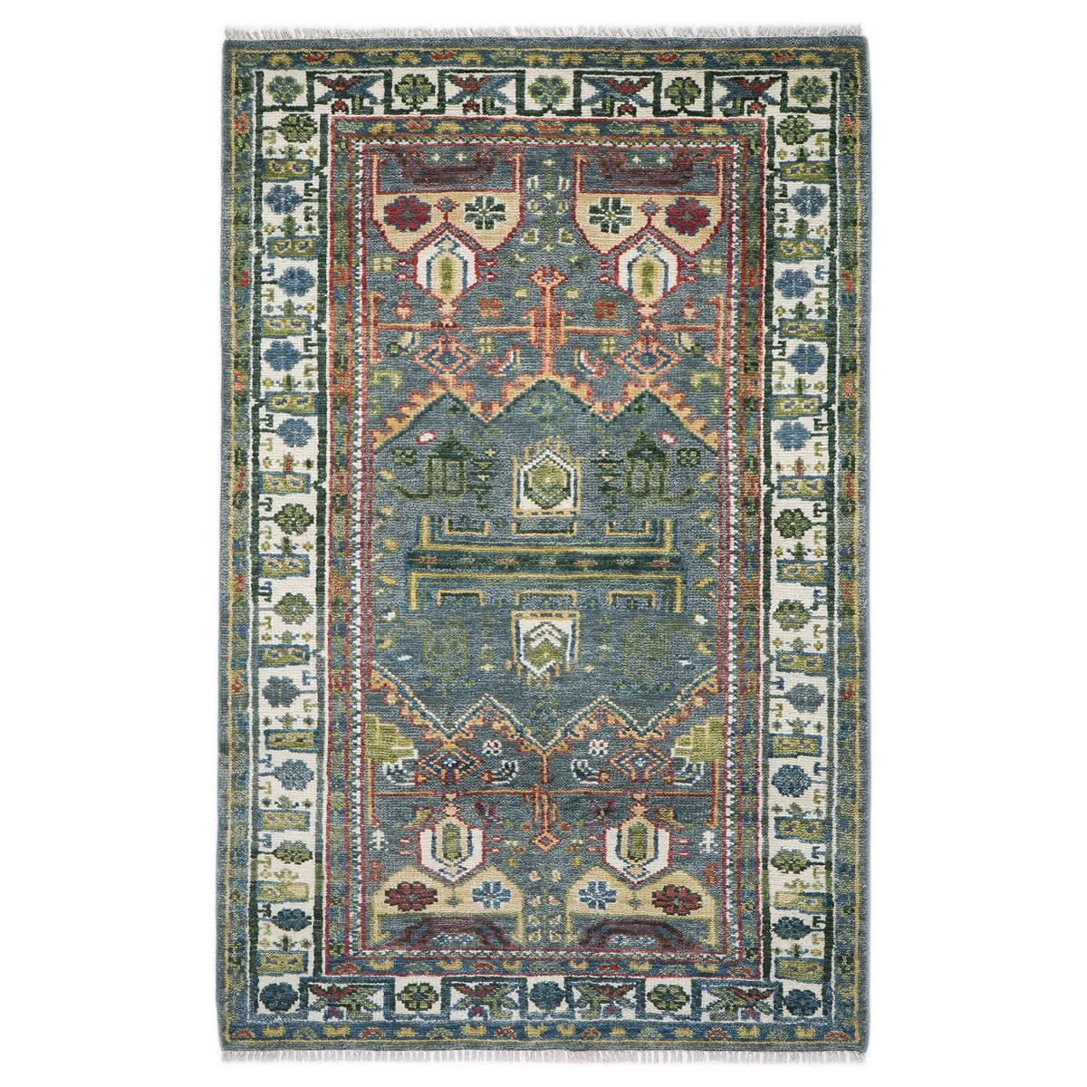 5x8 Teal, Ivory, Lime Color Hand Knotted Oushak Wool Transitional Oriental Rug