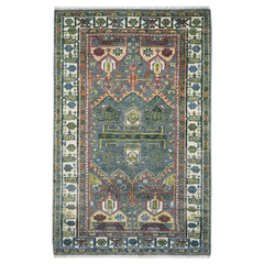 5x8 Teal, Ivory, Lime Color Hand Knotted Oushak Wool Transitional Oriental Rug